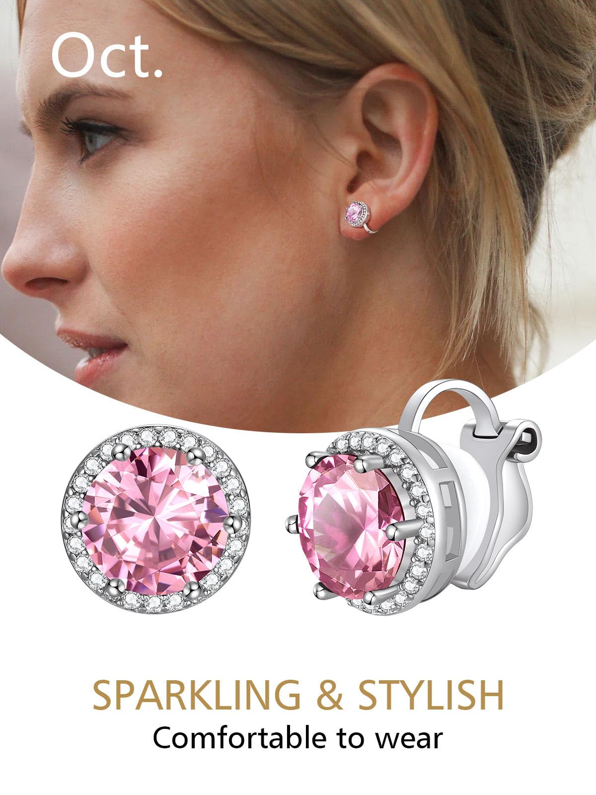 FindChic Non-Pierced Stud Earrings for Women, Plated 925 Sterling Silver Round Tourmaline Birthstone Clip-on Earrings Sparkling Cubic Zirconia Studs with Gift Box