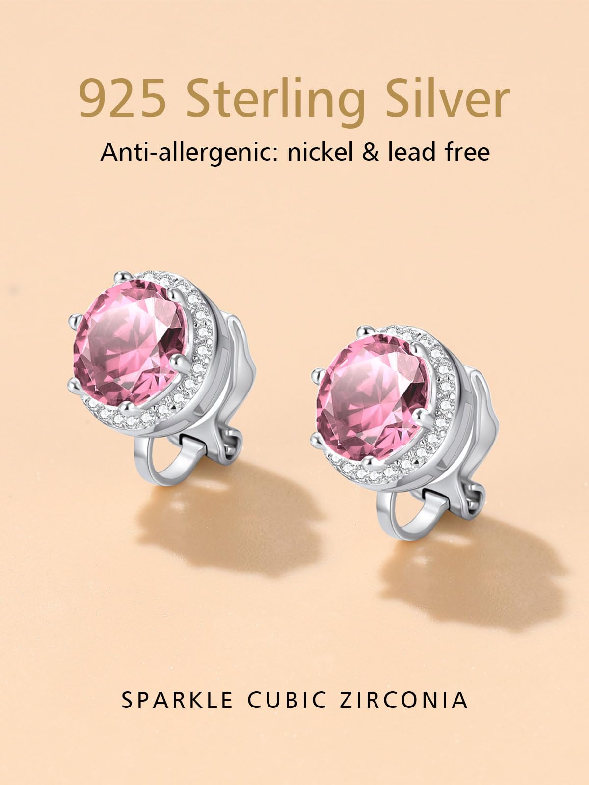 FindChic Non-Pierced Stud Earrings for Women, Plated 925 Sterling Silver Round Tourmaline Birthstone Clip-on Earrings Sparkling Cubic Zirconia Studs with Gift Box