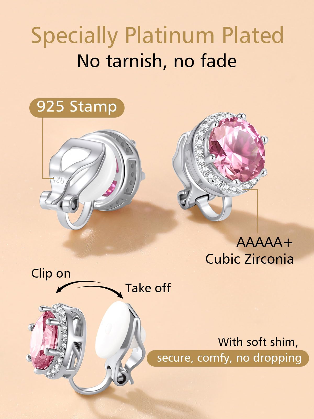 FindChic Non-Pierced Stud Earrings for Women, Plated 925 Sterling Silver Round Tourmaline Birthstone Clip-on Earrings Sparkling Cubic Zirconia Studs with Gift Box