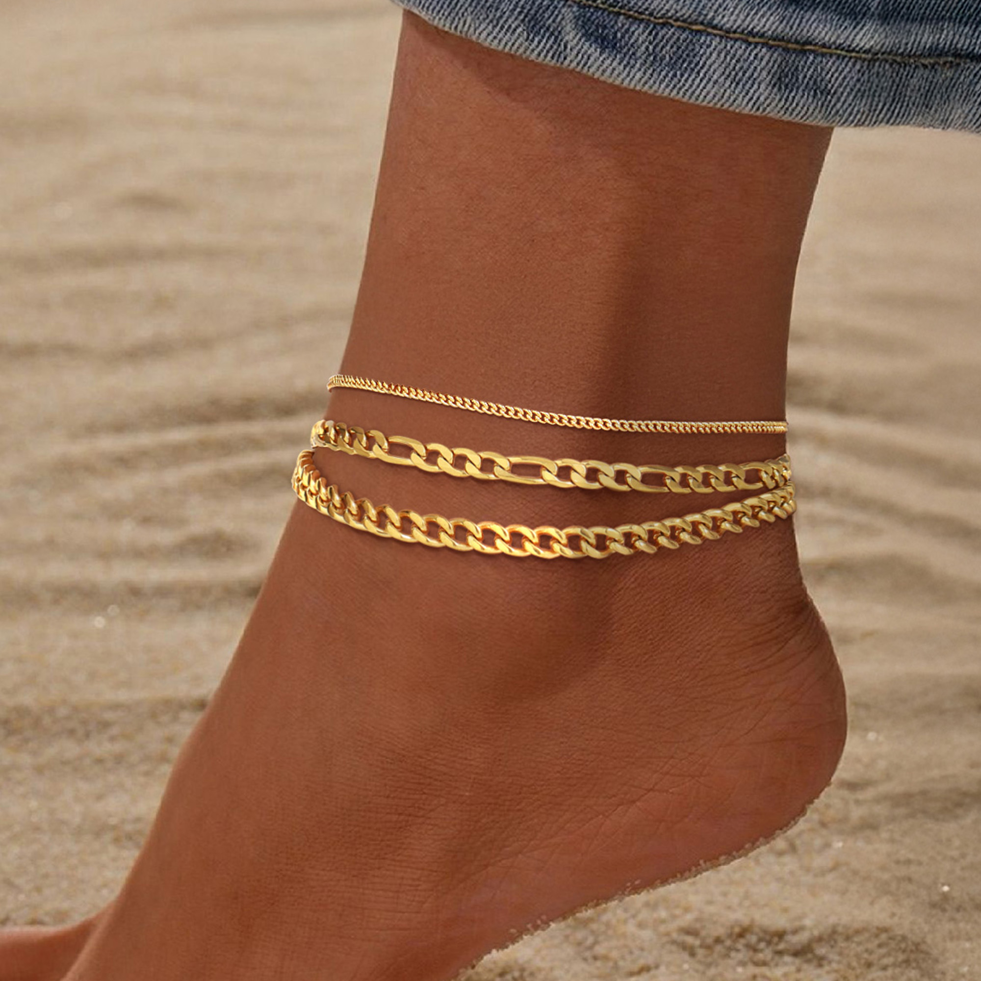 FindChic Gold Ankle Bracelets for Women, 14K Gold Plated 3-Layered Anklets Set Waterproof Figaro Chain Cuban Link Summer Foot Jewelry for Beach with Gift Box
