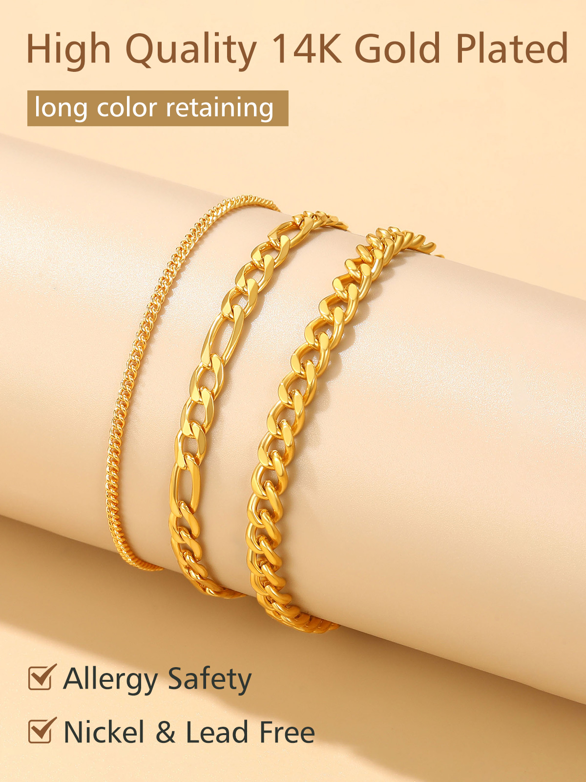 FindChic Gold Ankle Bracelets for Women, 14K Gold Plated 3-Layered Anklets Set Waterproof Figaro Chain Cuban Link Summer Foot Jewelry for Beach with Gift Box