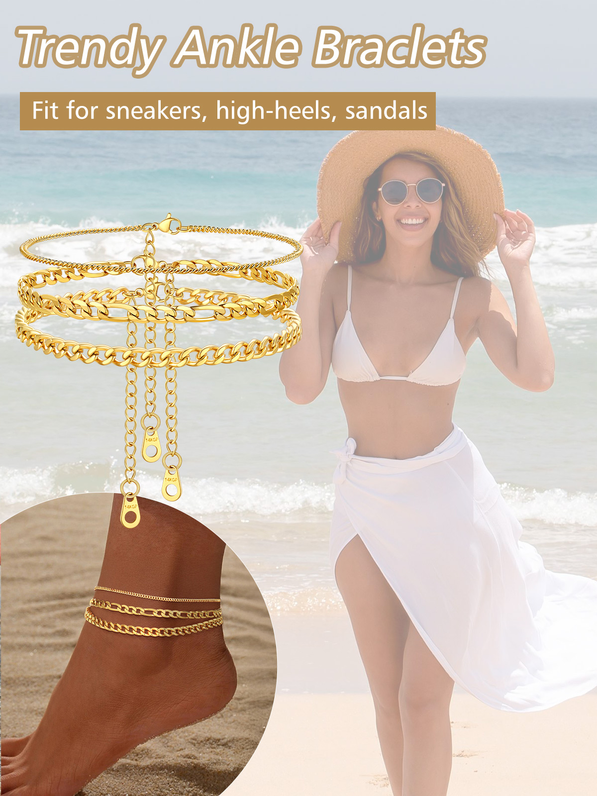 FindChic Gold Ankle Bracelets for Women, 14K Gold Plated 3-Layered Anklets Set Waterproof Figaro Chain Cuban Link Summer Foot Jewelry for Beach with Gift Box