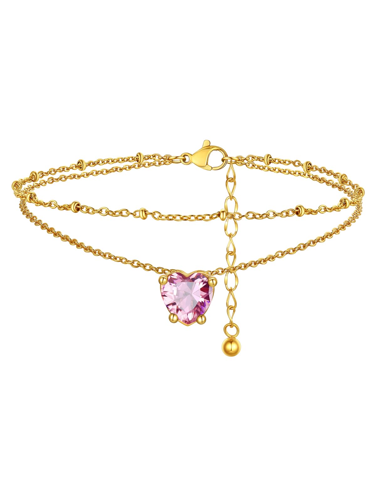 FindChic Anklets for Women Waterproof, Bling Heart Garnet Birthstone Ankle Bracelets Stainless Steel Silver Layered Beaded Foot Chain Summer Jewelry for Birthday Christmas with Gift Box