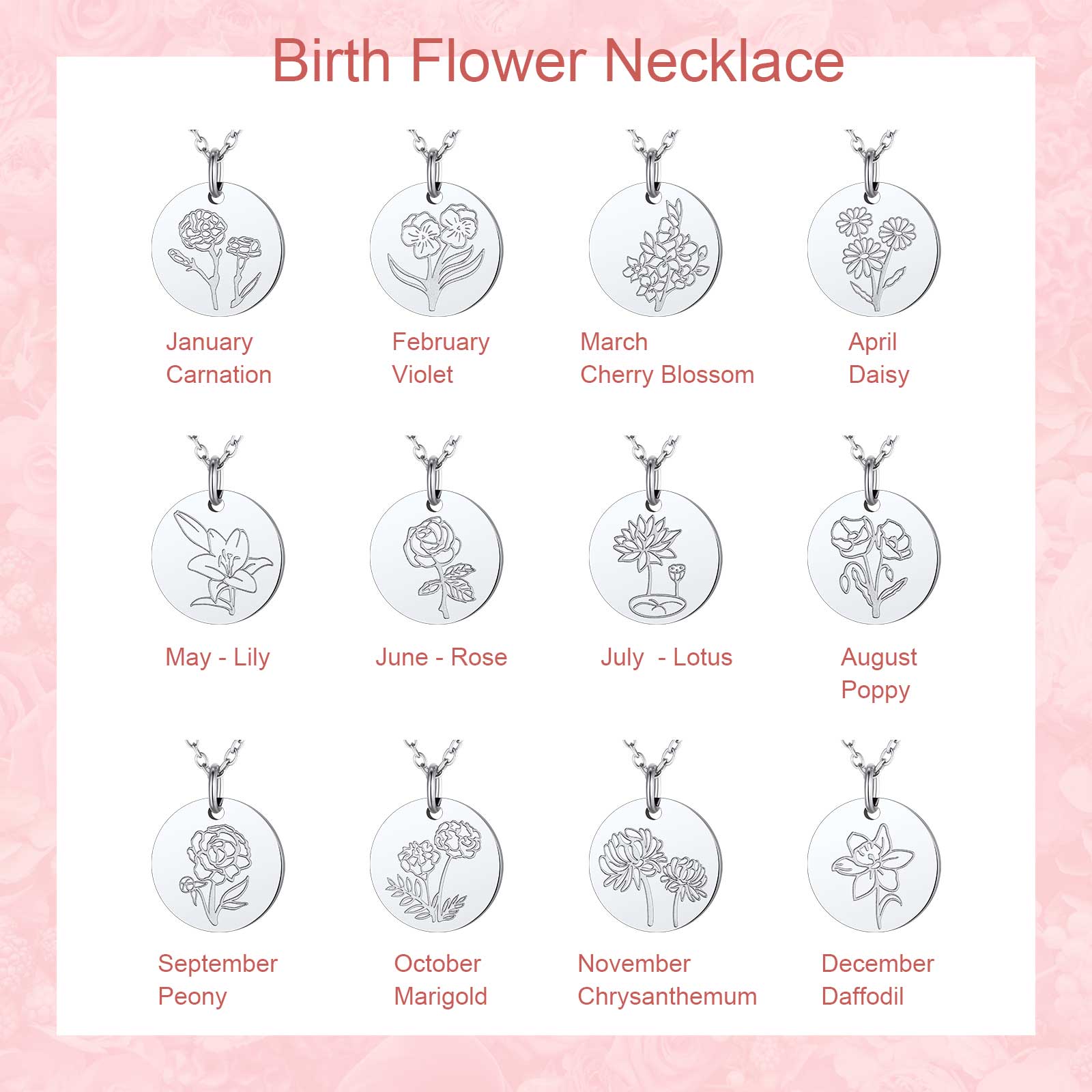 FindChic Birth Flower Necklaces for Women Stainless Steel Guardian Month Floral Carnation Pendant Necklace for Birthday Christmas Jewelry with Gift Box