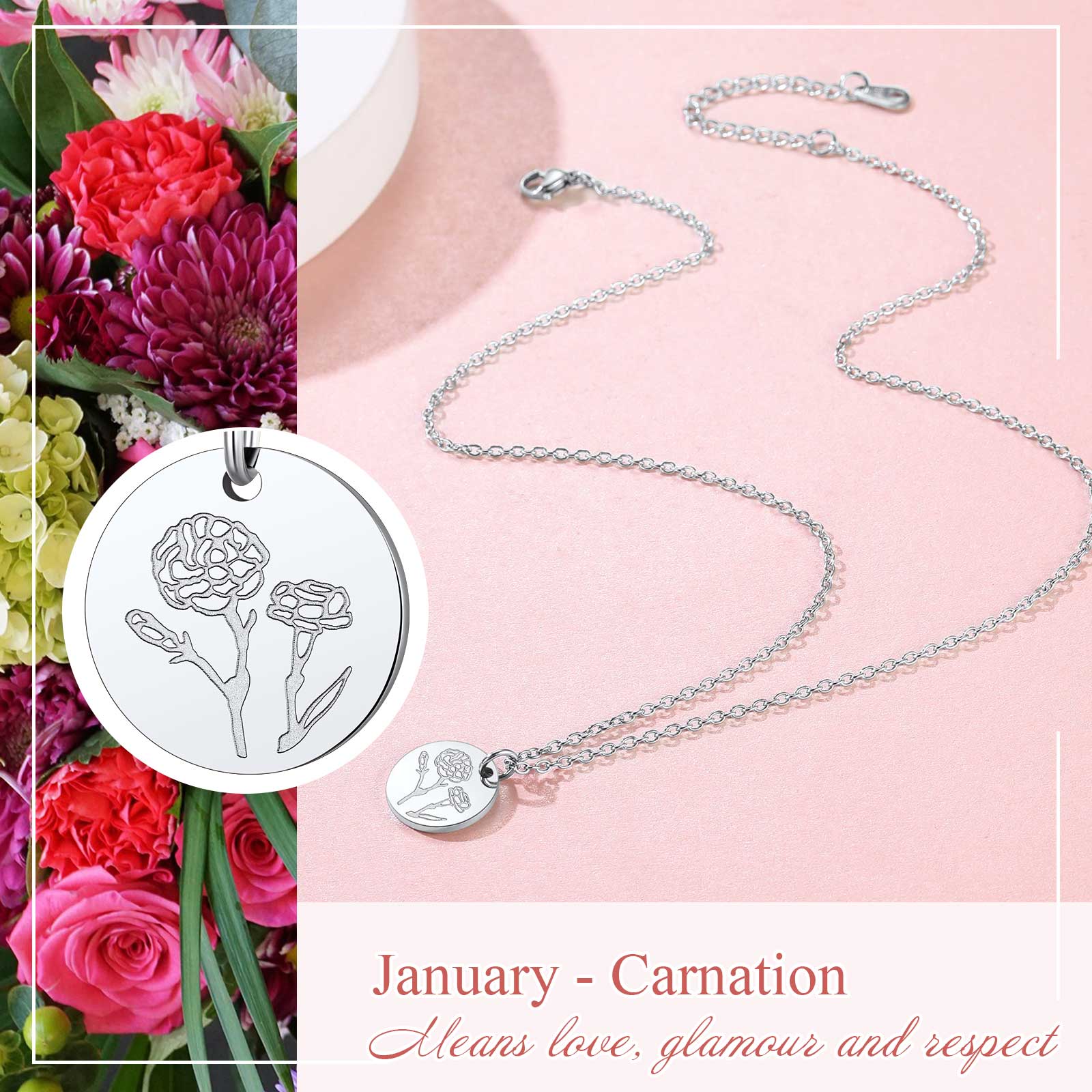 FindChic Birth Flower Necklaces for Women Stainless Steel Guardian Month Floral Carnation Pendant Necklace for Birthday Christmas Jewelry with Gift Box