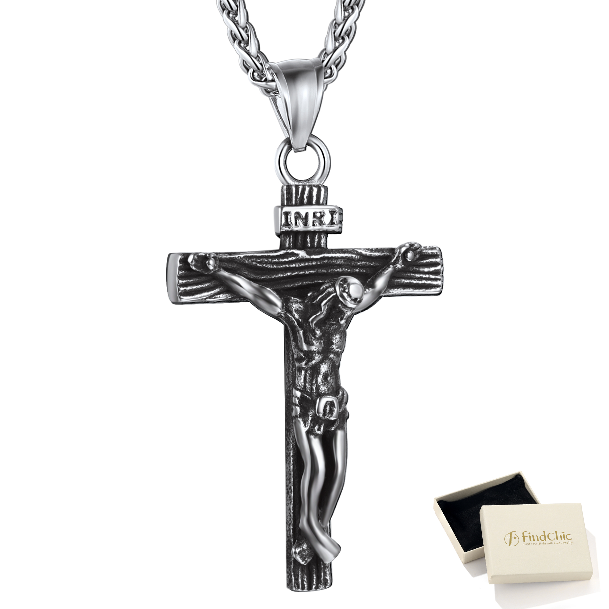 FindChic Men Cross Necklace Stainless Steel INRI Crucifix Pendant Necklace Jesus Piece Religious Praying Jewelry for Christian Dad Father's Day Gift
