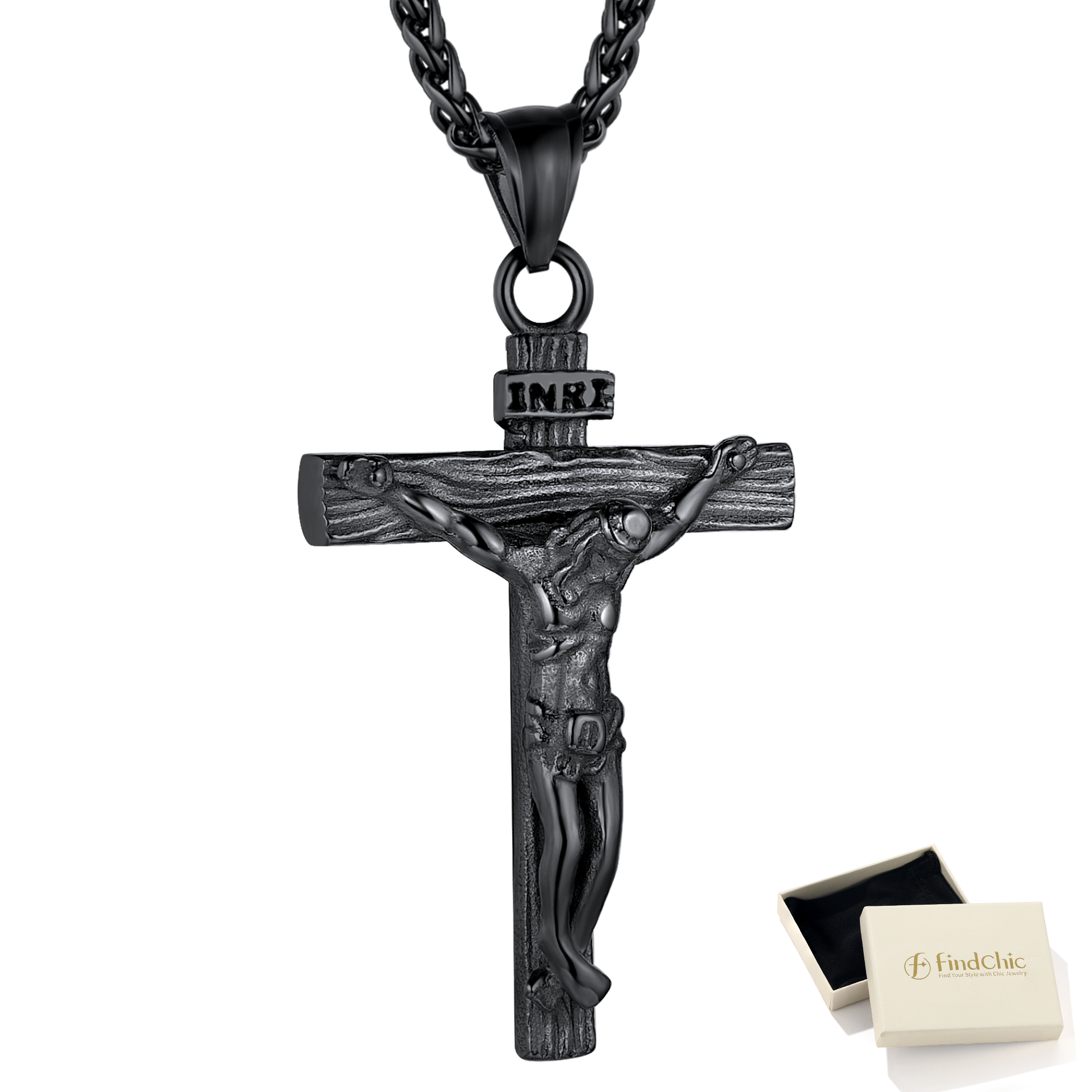 FindChic Men Cross Necklace Stainless Steel INRI Crucifix Pendant Necklace Jesus Piece Religious Praying Jewelry for Christian Dad Father's Day Gift
