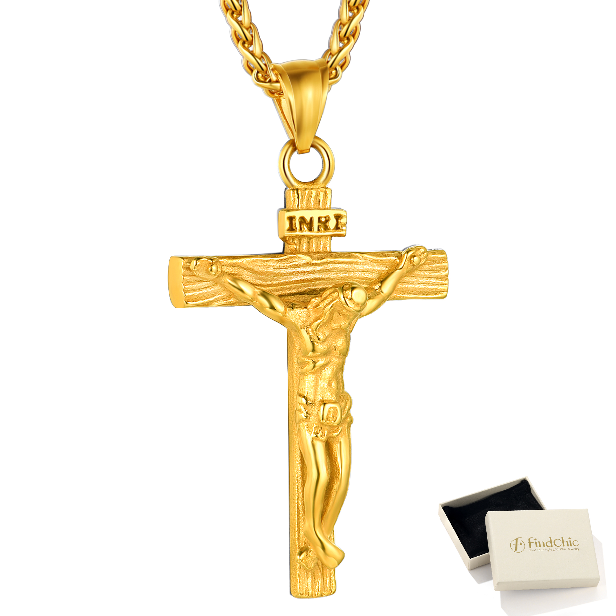 FindChic Men Cross Necklace Stainless Steel INRI Crucifix Pendant Necklace Jesus Piece Religious Praying Jewelry for Christian Dad Father's Day Gift