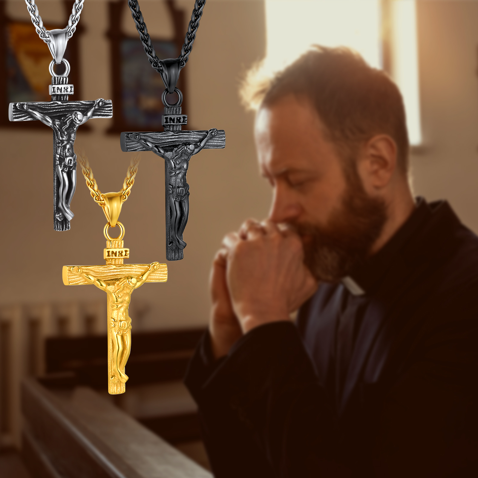 FindChic Men Cross Necklace Stainless Steel INRI Crucifix Pendant Necklace Jesus Piece Religious Praying Jewelry for Christian Dad Father's Day Gift