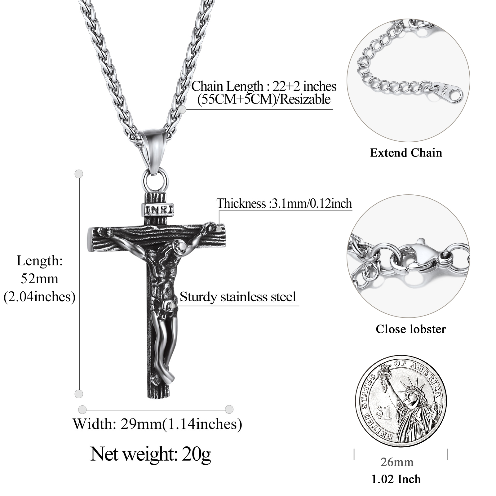 FindChic Men Cross Necklace Stainless Steel INRI Crucifix Pendant Necklace Jesus Piece Religious Praying Jewelry for Christian Dad Father's Day Gift