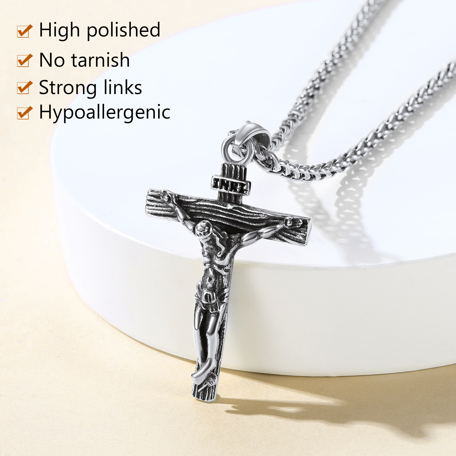 FindChic Men Cross Necklace Stainless Steel INRI Crucifix Pendant Necklace Jesus Piece Religious Praying Jewelry for Christian Dad Father's Day Gift