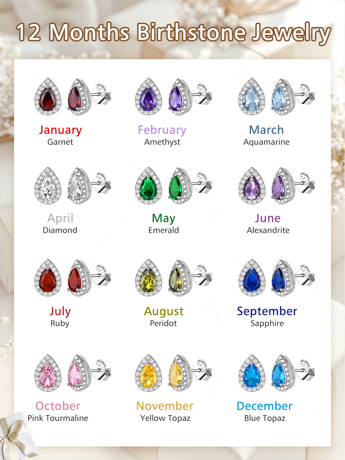 FindChic Birthstone Earrings for Women, Teardrop Earring with 925 Sterling Silver Posts & Push Backs Hypoallergenic Cubic Zirconia Studs Birthday Christmas Jewelry with Gift Box