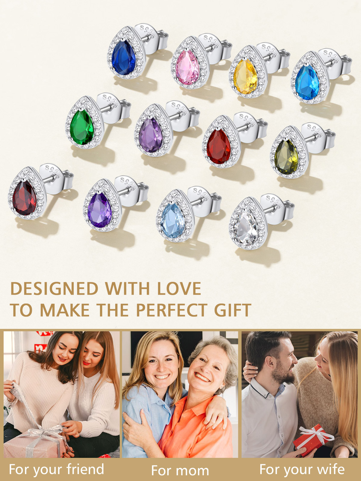 FindChic Birthstone Earrings for Women, Teardrop Earring with 925 Sterling Silver Posts & Push Backs Hypoallergenic Cubic Zirconia Studs Birthday Christmas Jewelry with Gift Box