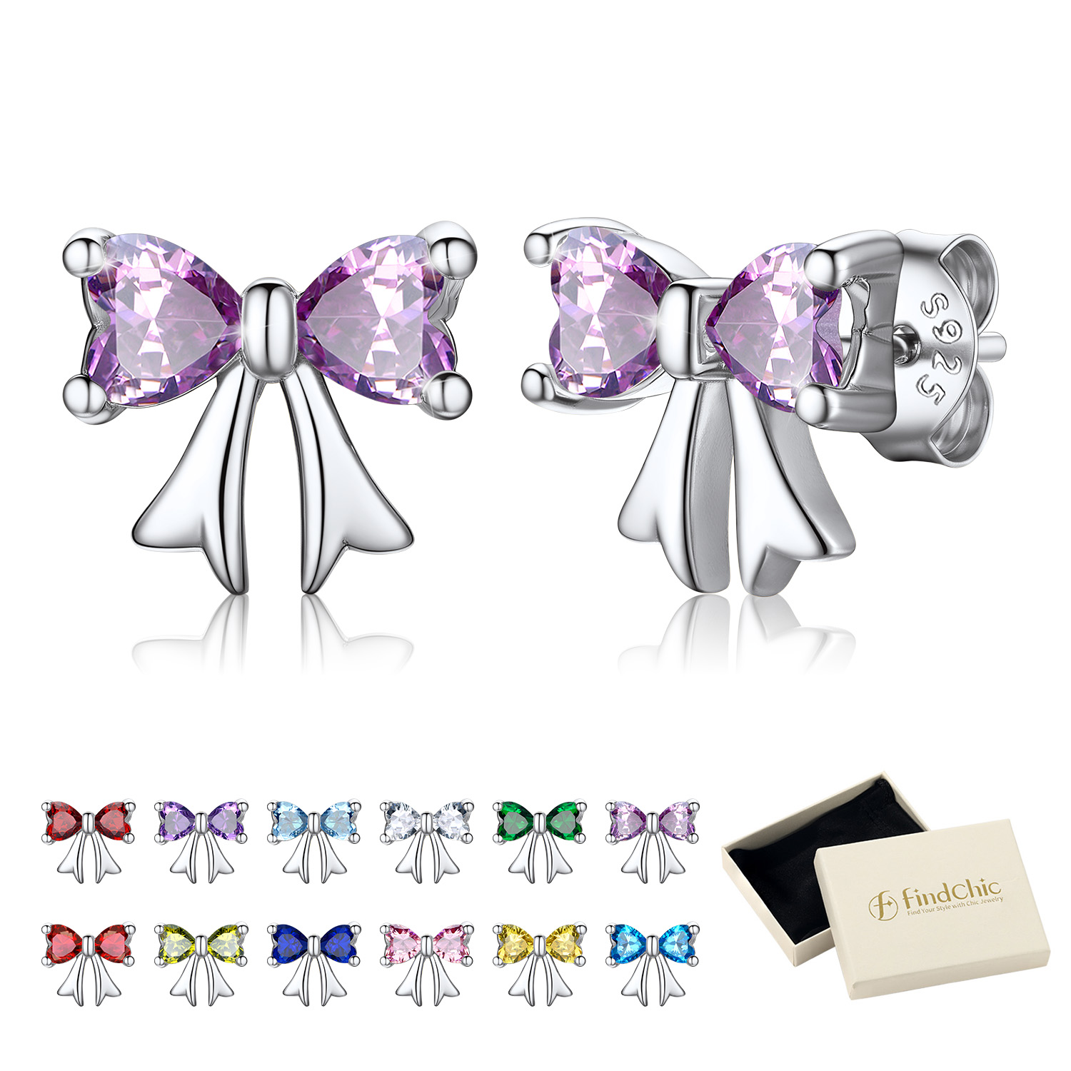 FindChic Bow Earrings for Women Dainty Love Heart Cubic Zirconia Birthstone Stud Earring with Hypoallergenic S925 Ear Post Birthday Jewelry Gifts for Her
