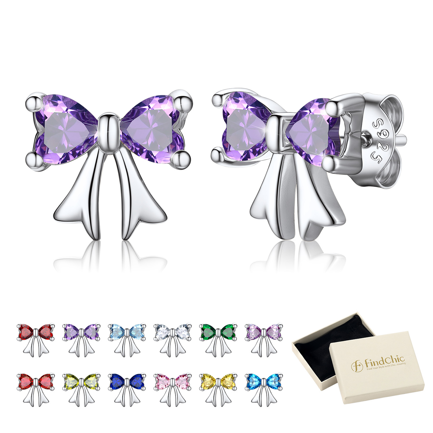 FindChic Bow Earrings for Women Dainty Love Heart Cubic Zirconia Birthstone Stud Earring with Hypoallergenic S925 Ear Post Birthday Jewelry Gifts for Her