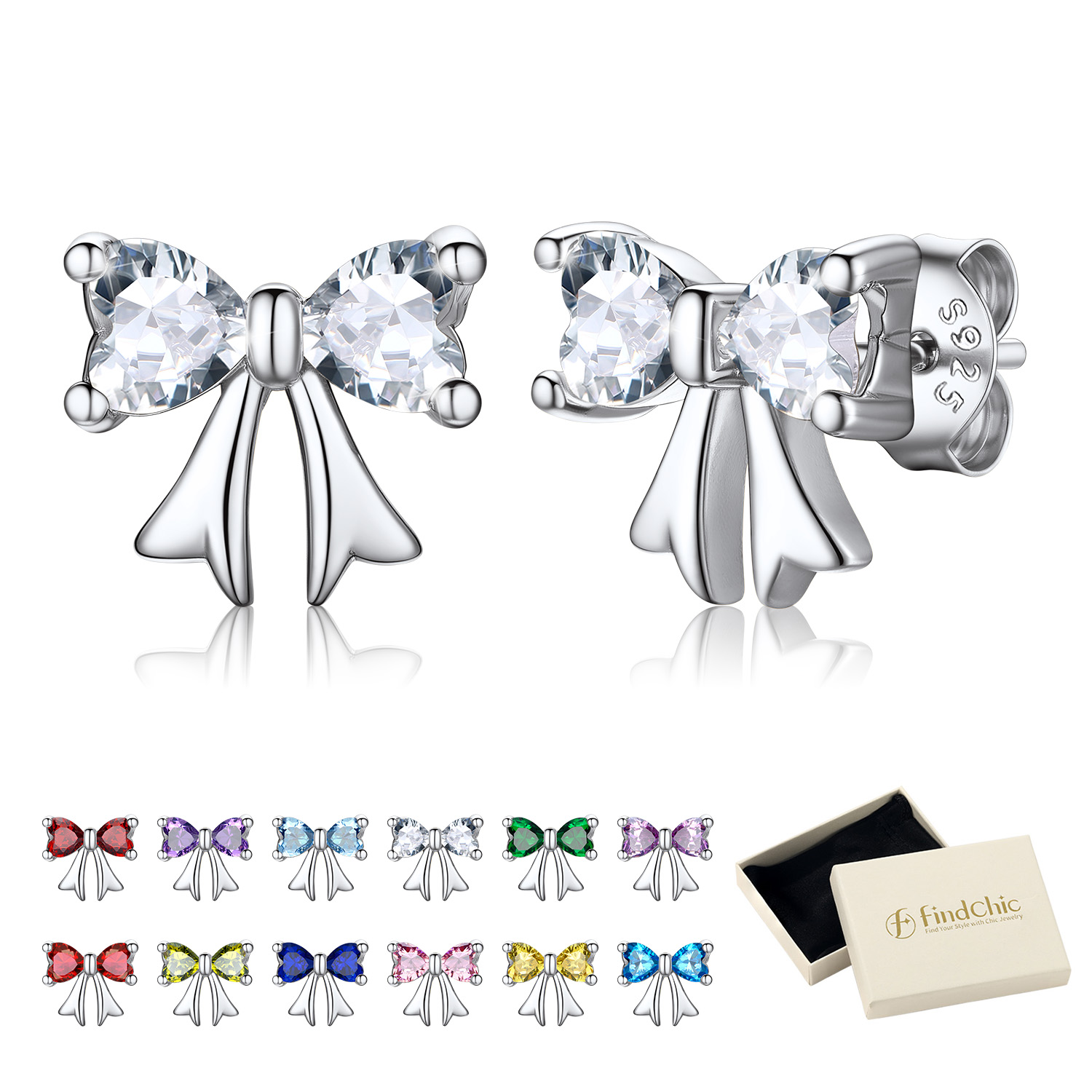 FindChic Bow Earrings for Women Dainty Love Heart Cubic Zirconia Birthstone Stud Earring with Hypoallergenic S925 Ear Post Birthday Jewelry Gifts for Her