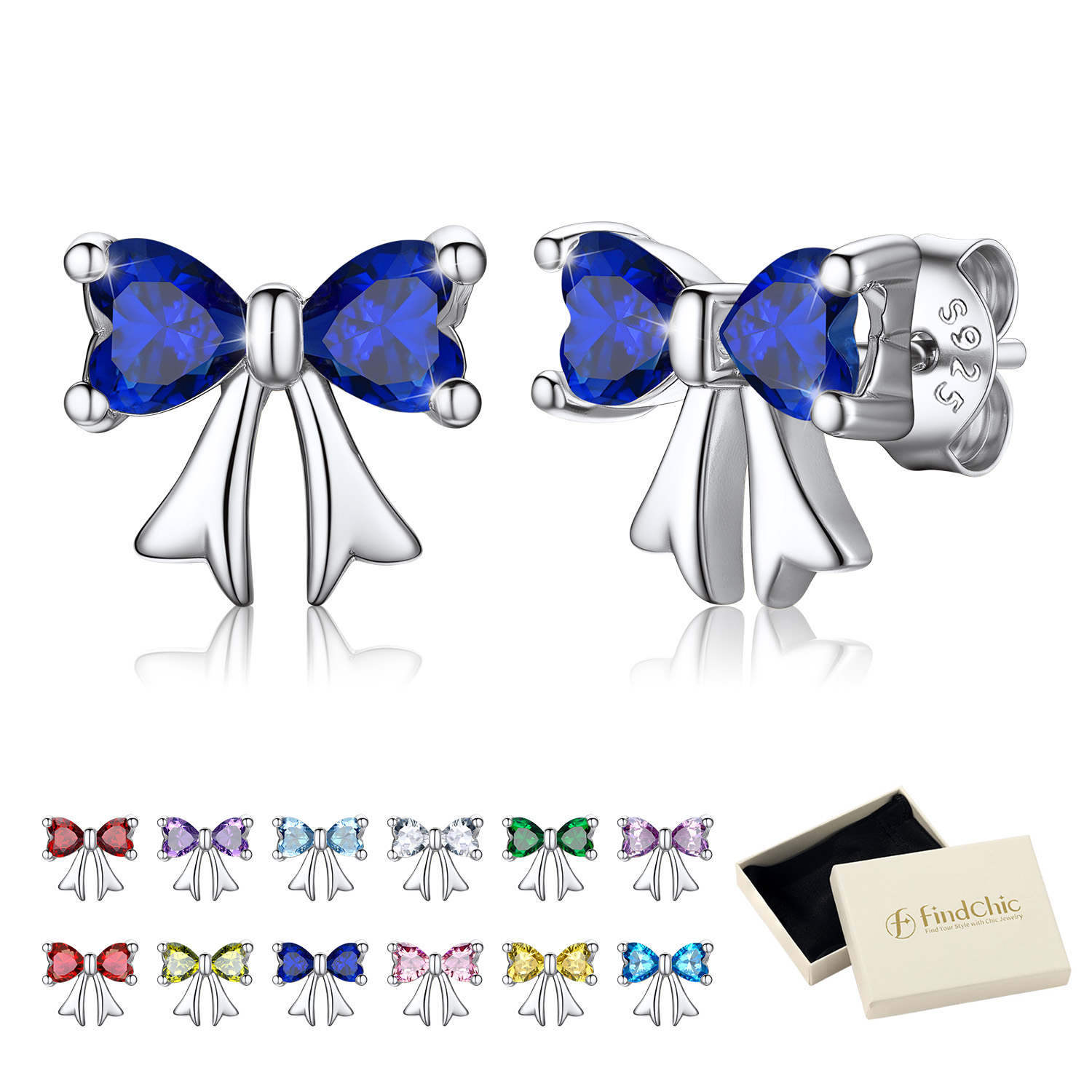 FindChic Bow Earrings for Women Dainty Love Heart Cubic Zirconia Birthstone Stud Earring with Hypoallergenic S925 Ear Post Birthday Jewelry Gifts for Her