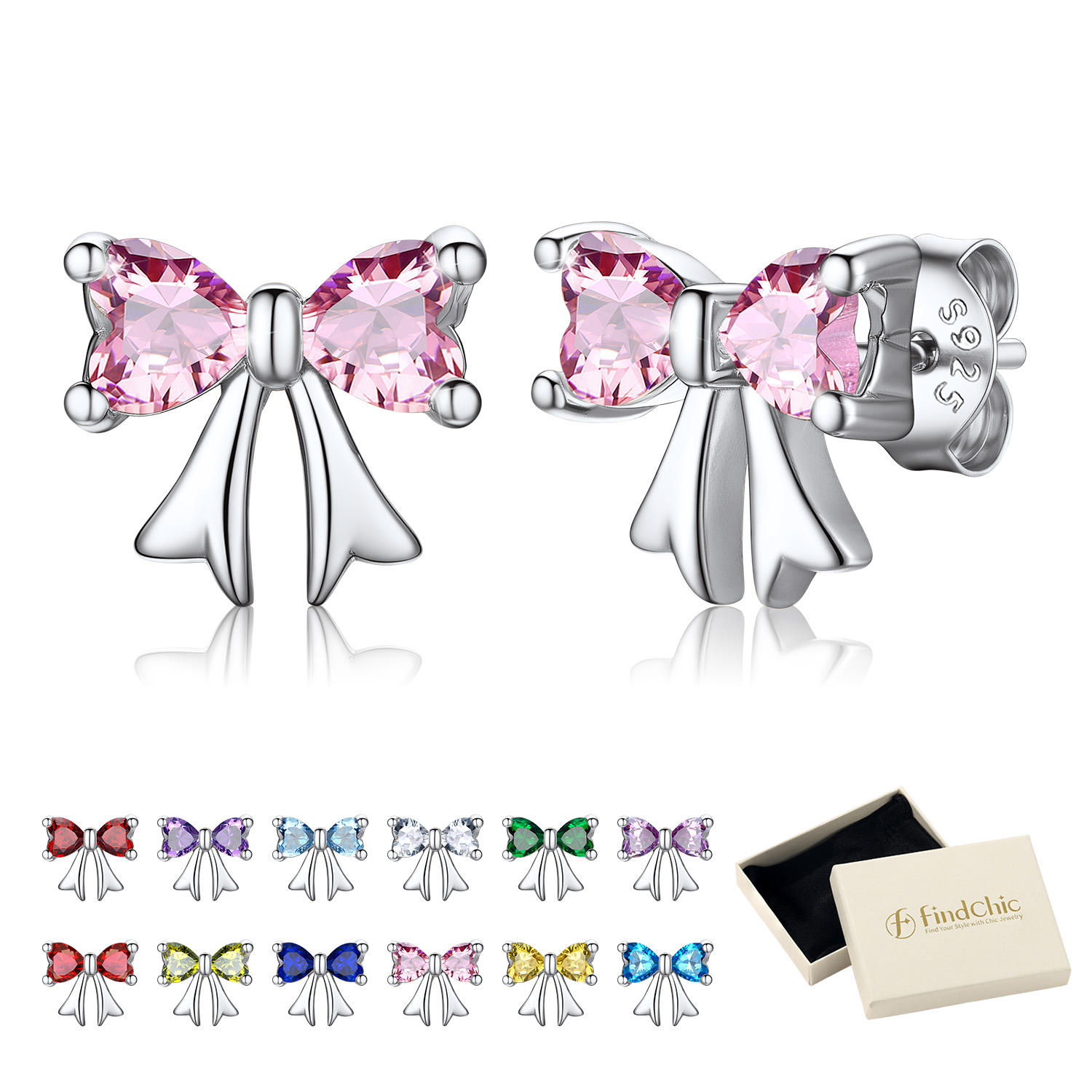 FindChic Bow Earrings for Women Dainty Love Heart Cubic Zirconia Birthstone Stud Earring with Hypoallergenic S925 Ear Post Birthday Jewelry Gifts for Her