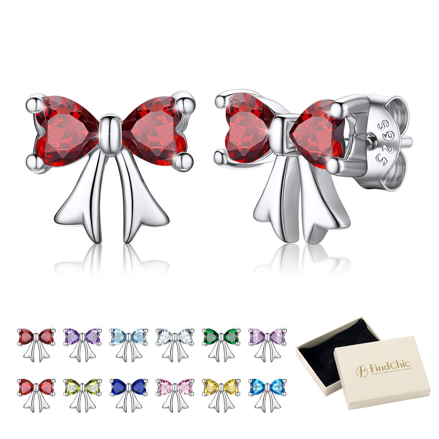 FindChic Bow Earrings for Women Dainty Love Heart Cubic Zirconia Birthstone Stud Earring with Hypoallergenic S925 Ear Post Birthday Jewelry Gifts for Her