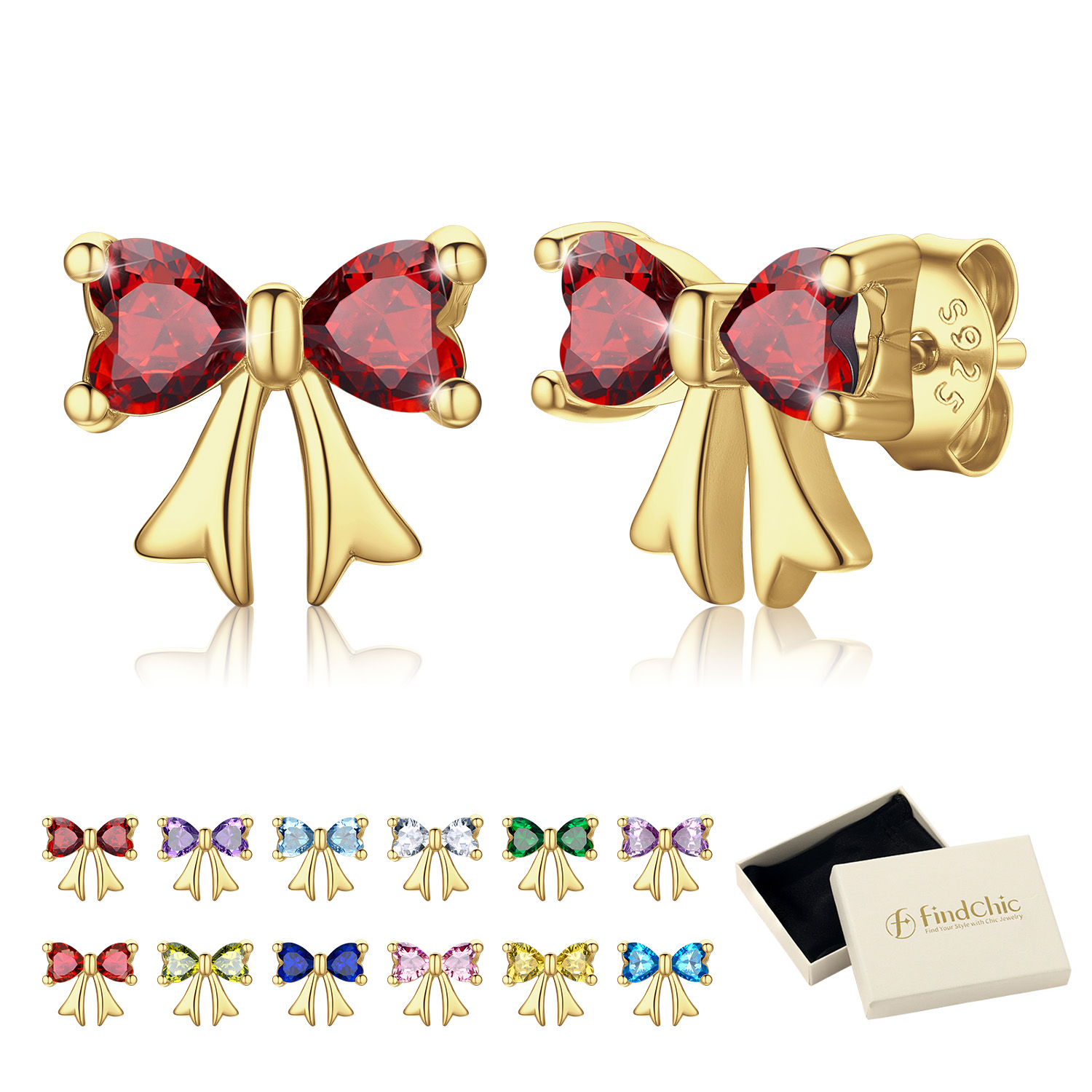 FindChic Bow Earrings for Women Dainty Love Heart Cubic Zirconia Birthstone Stud Earring with Hypoallergenic S925 Ear Post Birthday Jewelry Gifts for Her