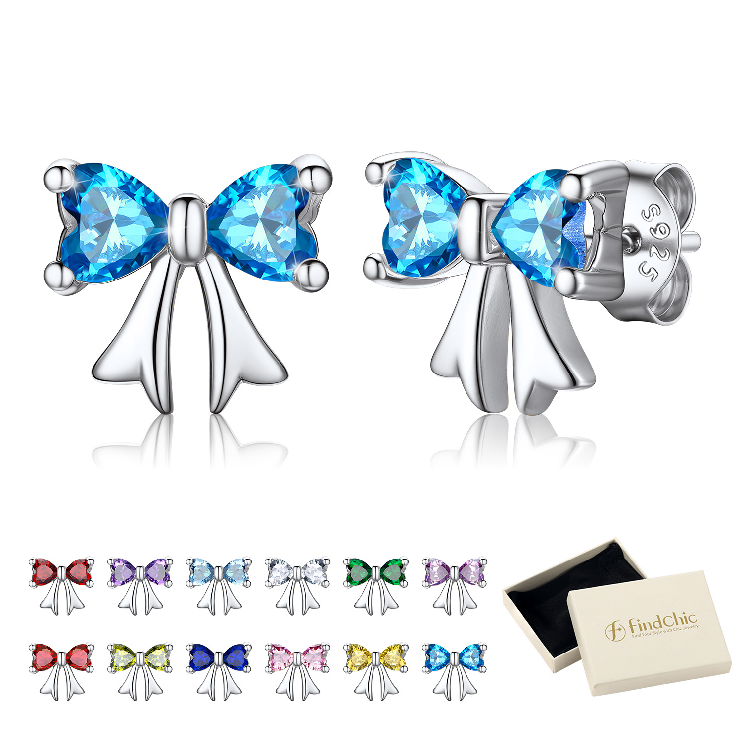 FindChic Bow Earrings for Women Dainty Love Heart Cubic Zirconia Birthstone Stud Earring with Hypoallergenic S925 Ear Post Birthday Jewelry Gifts for Her