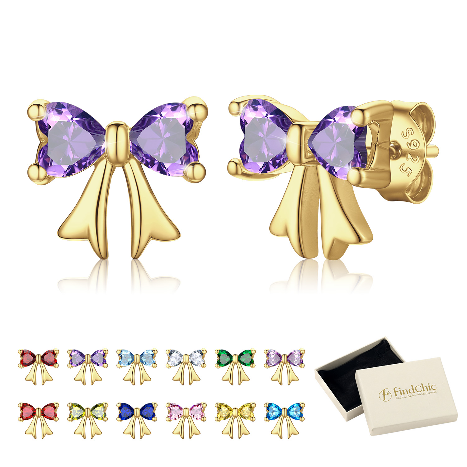 FindChic Bow Earrings for Women Dainty Love Heart Cubic Zirconia Birthstone Stud Earring with Hypoallergenic S925 Ear Post Birthday Jewelry Gifts for Her