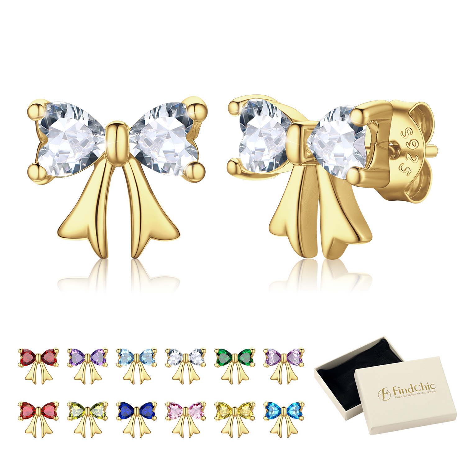 FindChic Bow Earrings for Women Dainty Love Heart Cubic Zirconia Birthstone Stud Earring with Hypoallergenic S925 Ear Post Birthday Jewelry Gifts for Her