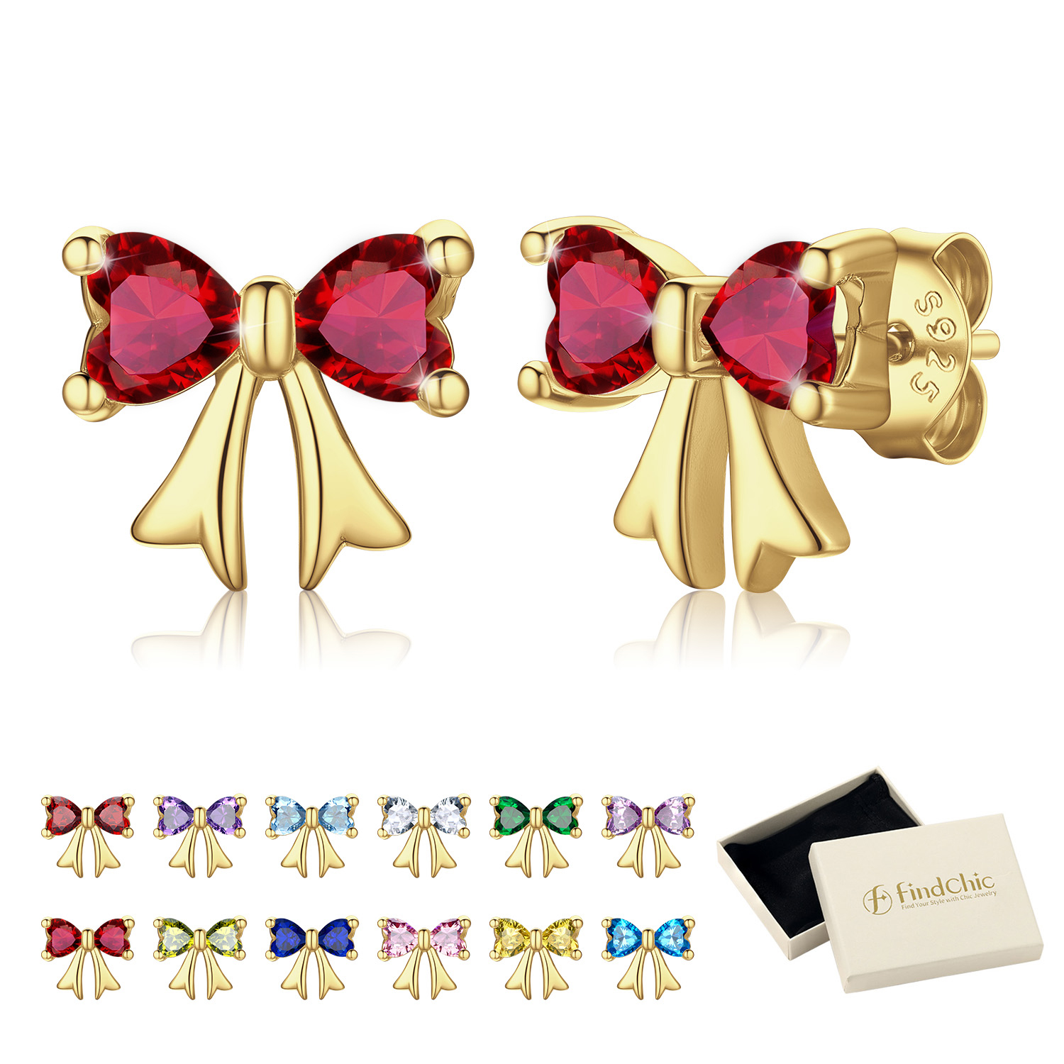 FindChic Bow Earrings for Women Dainty Love Heart Cubic Zirconia Birthstone Stud Earring with Hypoallergenic S925 Ear Post Birthday Jewelry Gifts for Her