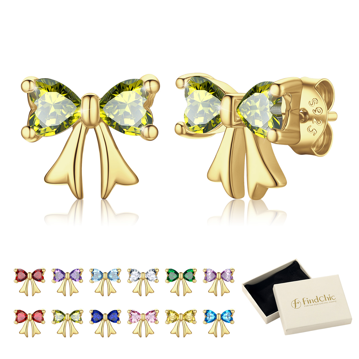 FindChic Bow Earrings for Women Dainty Love Heart Cubic Zirconia Birthstone Stud Earring with Hypoallergenic S925 Ear Post Birthday Jewelry Gifts for Her