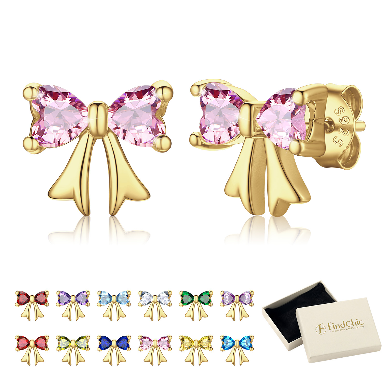 FindChic Bow Earrings for Women Dainty Love Heart Cubic Zirconia Birthstone Stud Earring with Hypoallergenic S925 Ear Post Birthday Jewelry Gifts for Her