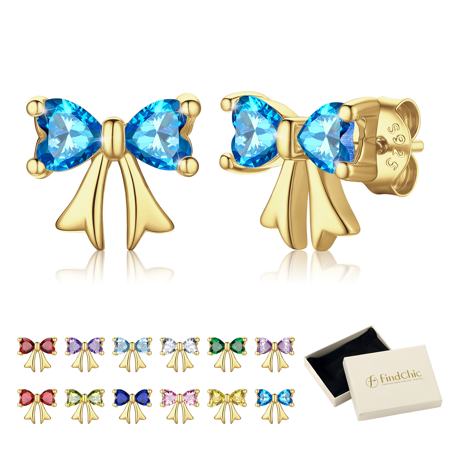 FindChic Bow Earrings for Women Dainty Love Heart Cubic Zirconia Birthstone Stud Earring with Hypoallergenic S925 Ear Post Birthday Jewelry Gifts for Her