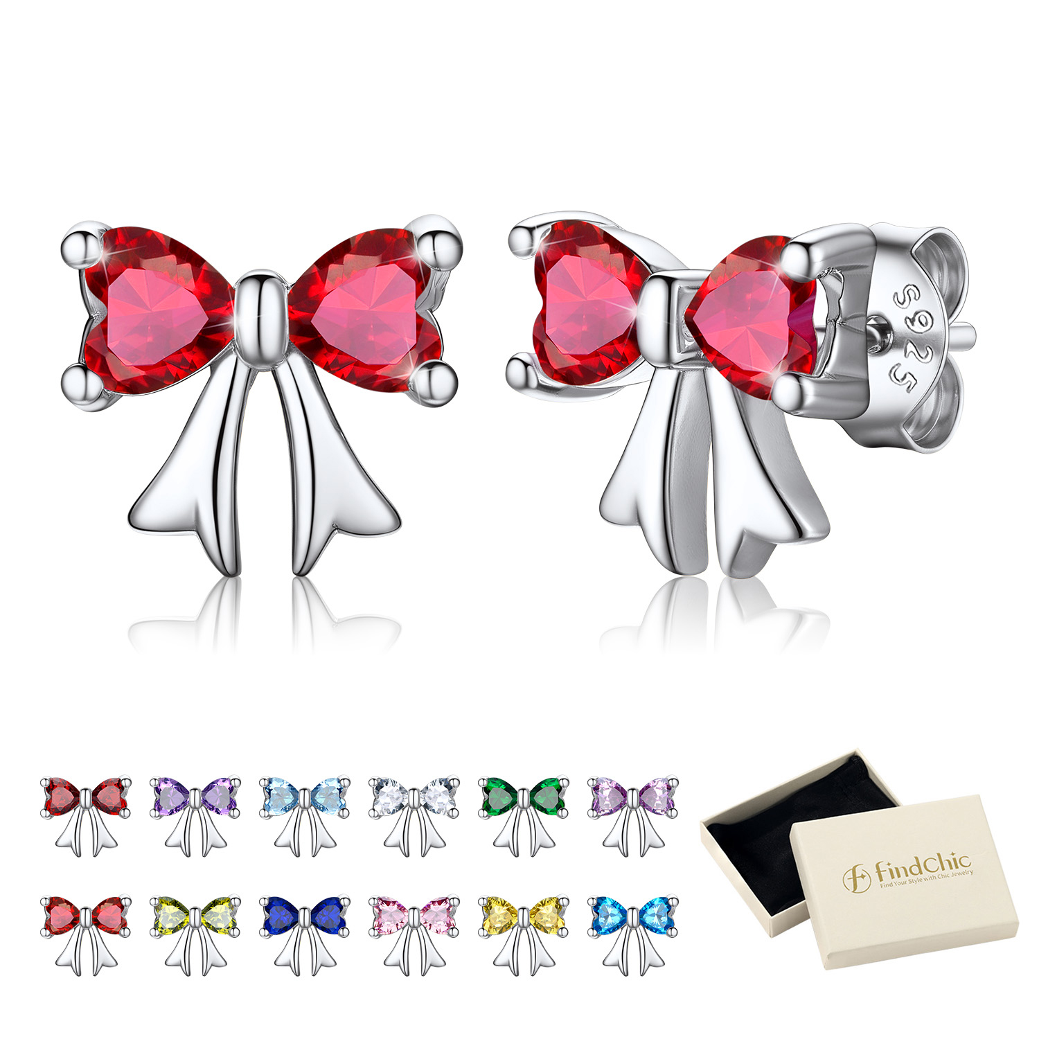 FindChic Bow Earrings for Women Dainty Love Heart Cubic Zirconia Birthstone Stud Earring with Hypoallergenic S925 Ear Post Birthday Jewelry Gifts for Her