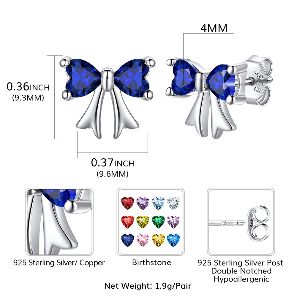 FindChic Bow Earrings for Women Dainty Love Heart Cubic Zirconia Birthstone Stud Earring with Hypoallergenic S925 Ear Post Birthday Jewelry Gifts for Her