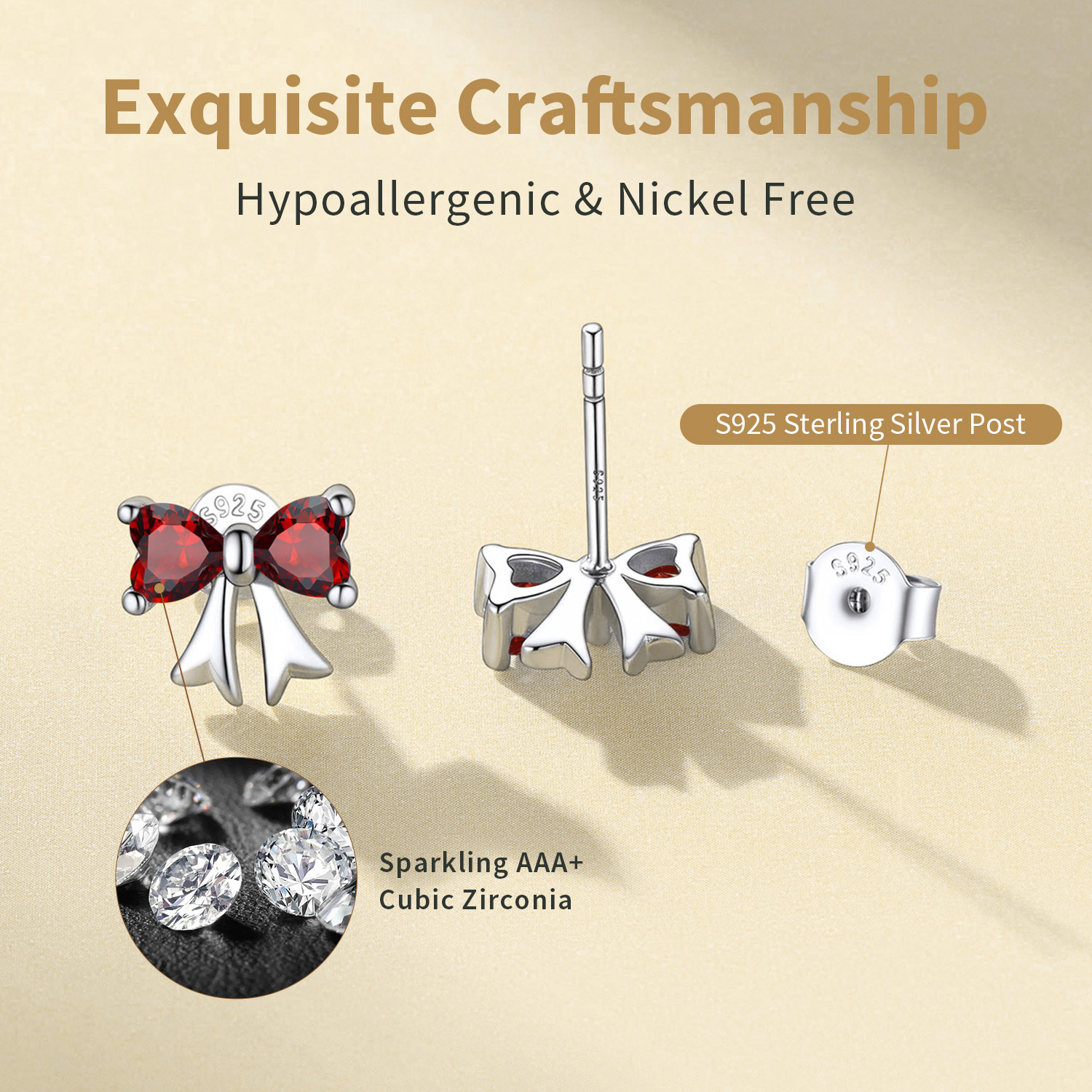 FindChic Bow Earrings for Women Dainty Love Heart Cubic Zirconia Birthstone Stud Earring with Hypoallergenic S925 Ear Post Birthday Jewelry Gifts for Her