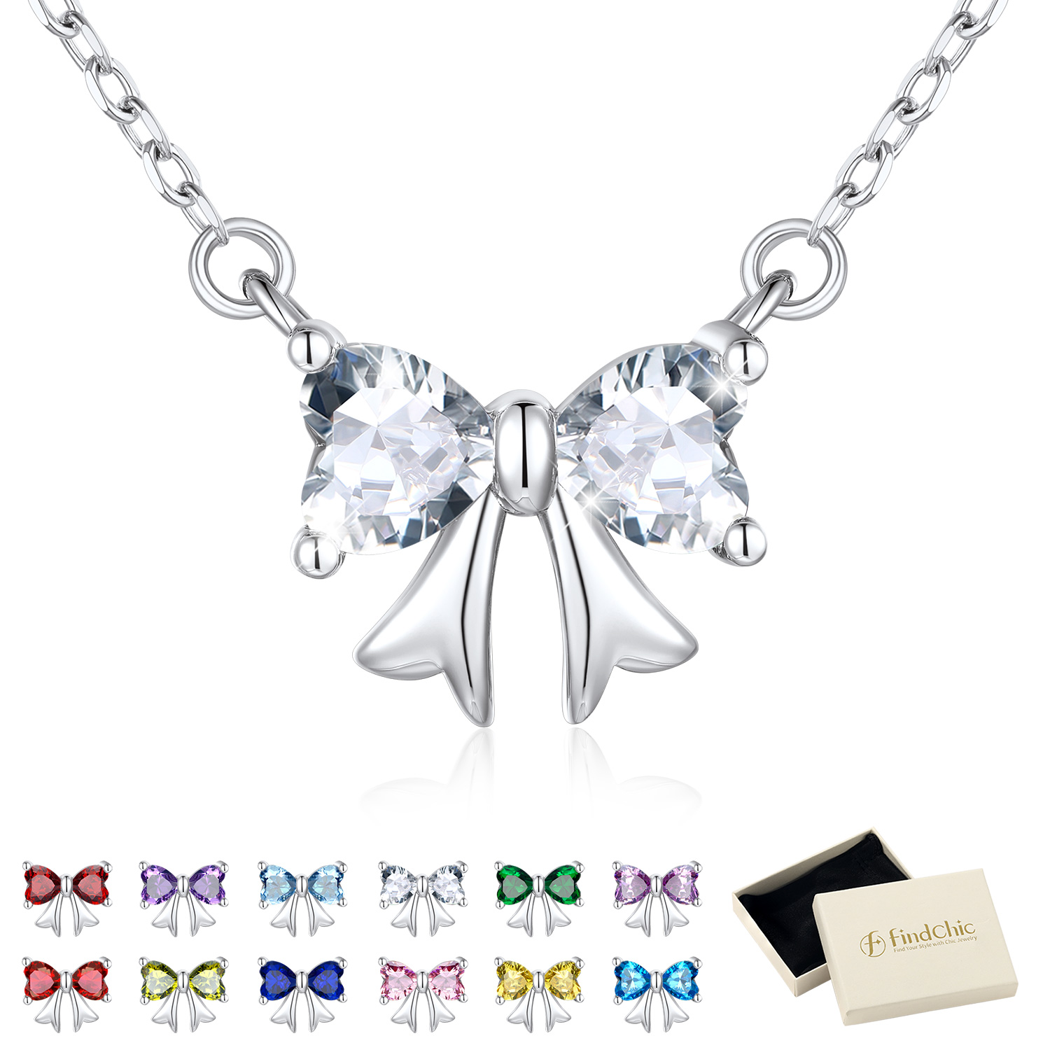 FindChic Bow Necklace for Women, Birthstone Necklaces Bow Heart Cubic Zirconia Pendant Jewelry Gifts for Anniversary Birthday