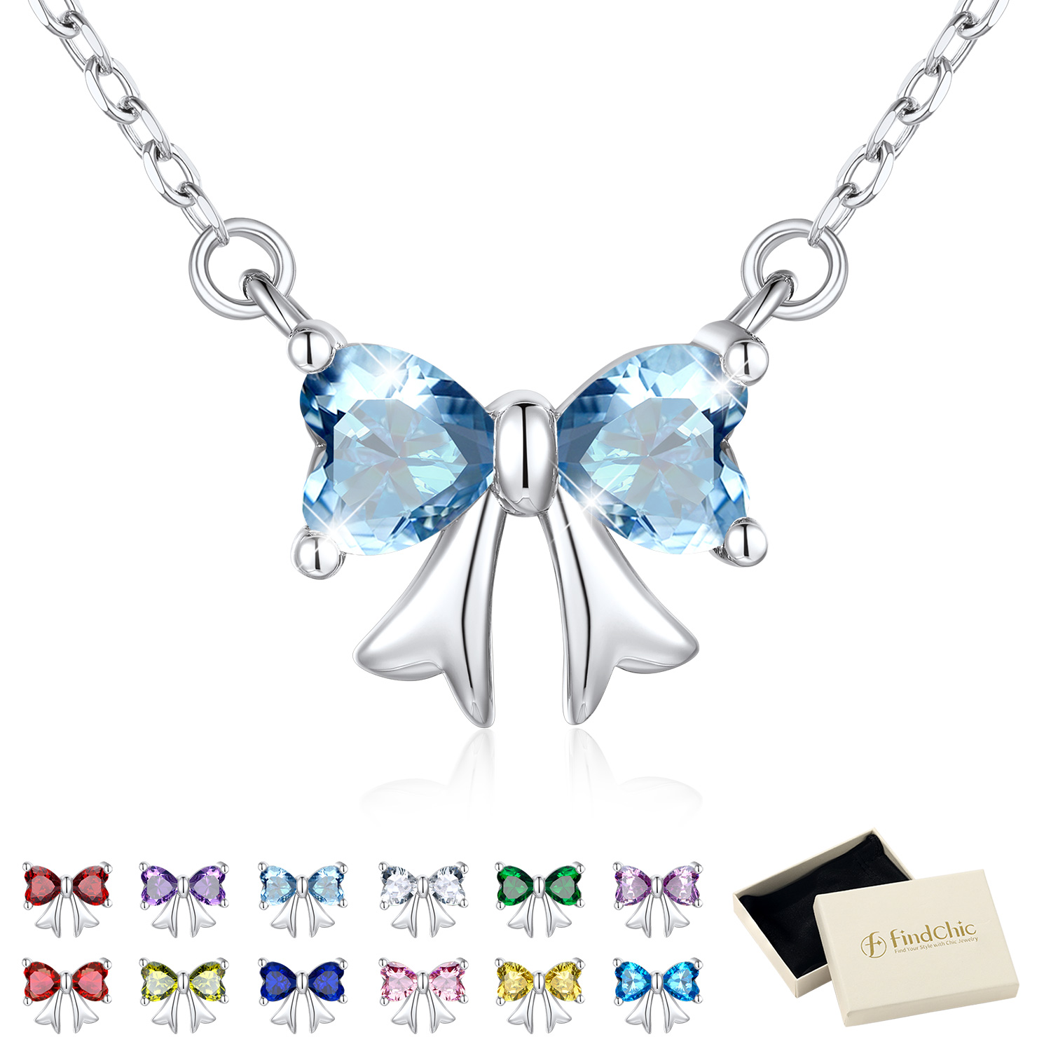 FindChic Bow Necklace for Women, Birthstone Necklaces Bow Heart Cubic Zirconia Pendant Jewelry Gifts for Anniversary Birthday