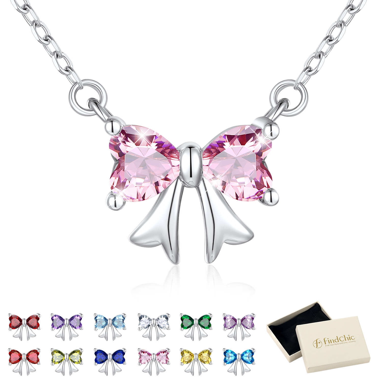 FindChic Bow Necklace for Women, Birthstone Necklaces Bow Heart Cubic Zirconia Pendant Jewelry Gifts for Anniversary Birthday
