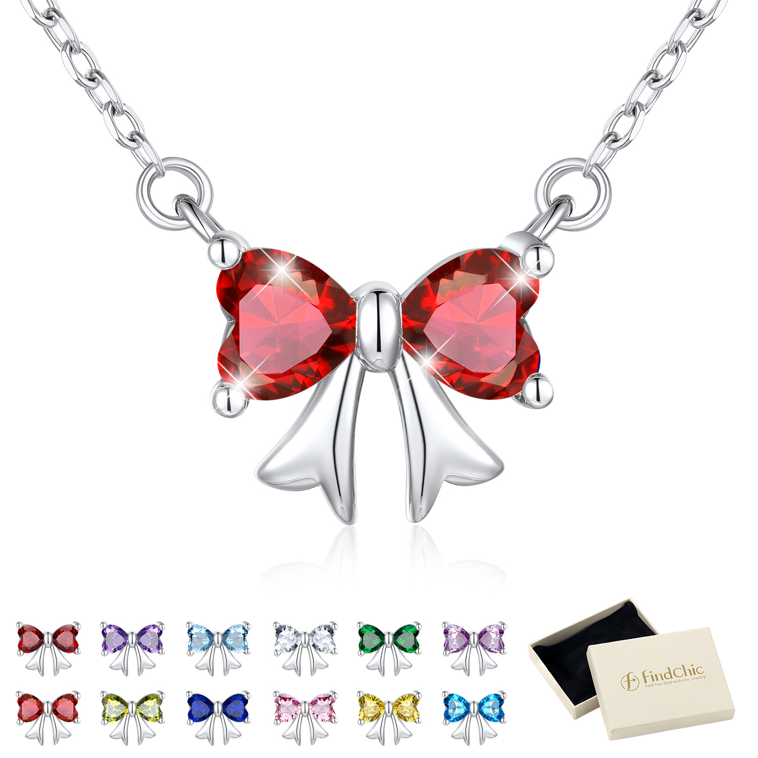 FindChic Bow Necklace for Women, Birthstone Necklaces Bow Heart Cubic Zirconia Pendant Jewelry Gifts for Anniversary Birthday