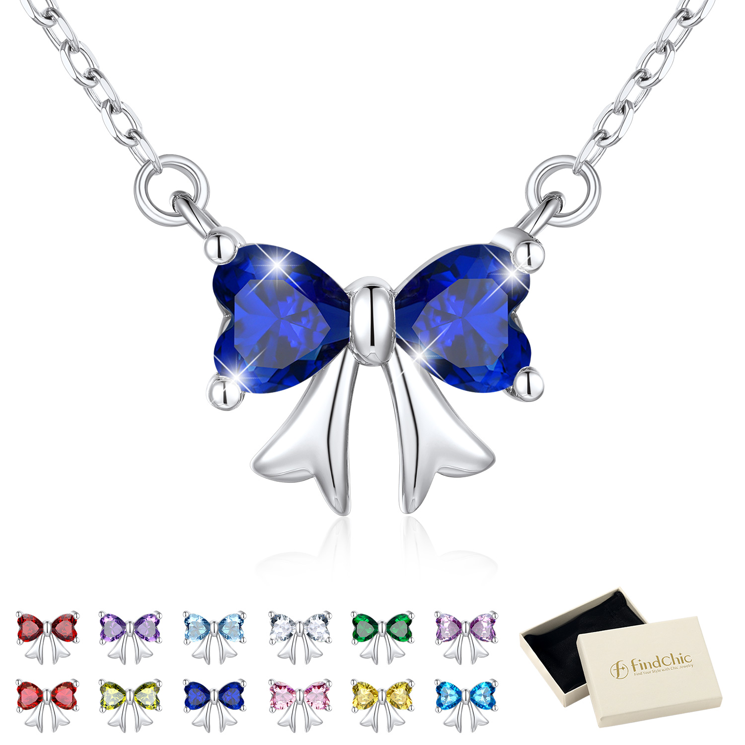 FindChic Bow Necklace for Women, Birthstone Necklaces Bow Heart Cubic Zirconia Pendant Jewelry Gifts for Anniversary Birthday