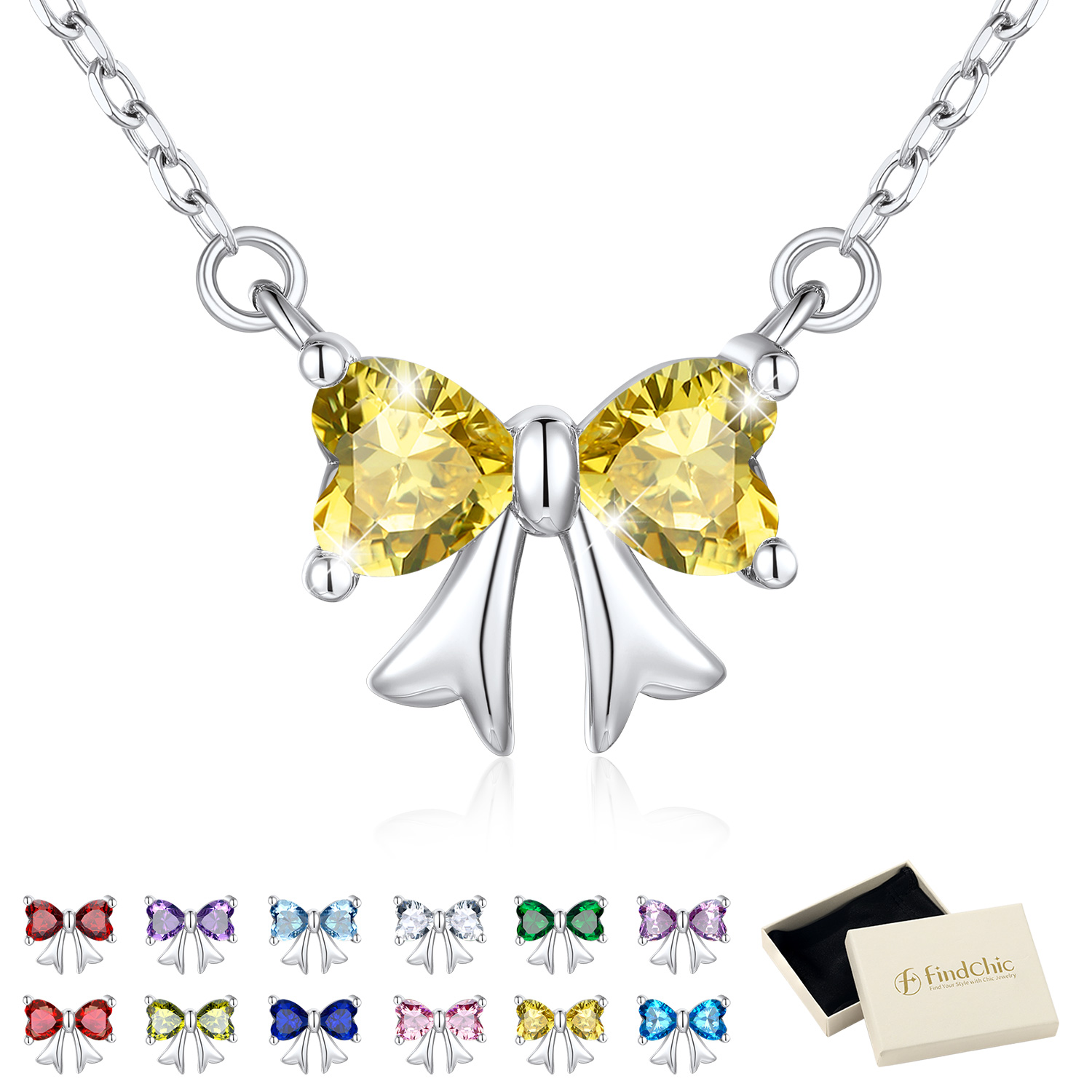 FindChic Bow Necklace for Women, Birthstone Necklaces Bow Heart Cubic Zirconia Pendant Jewelry Gifts for Anniversary Birthday
