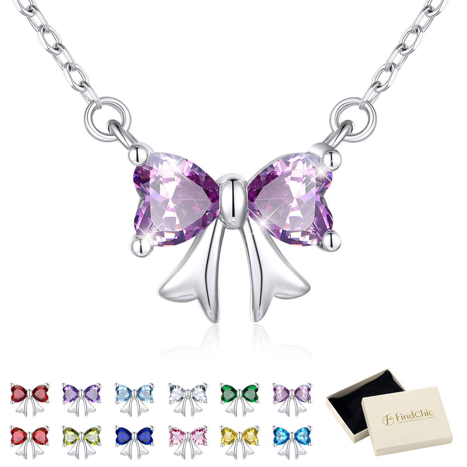 FindChic Bow Necklace for Women, Birthstone Necklaces Bow Heart Cubic Zirconia Pendant Jewelry Gifts for Anniversary Birthday