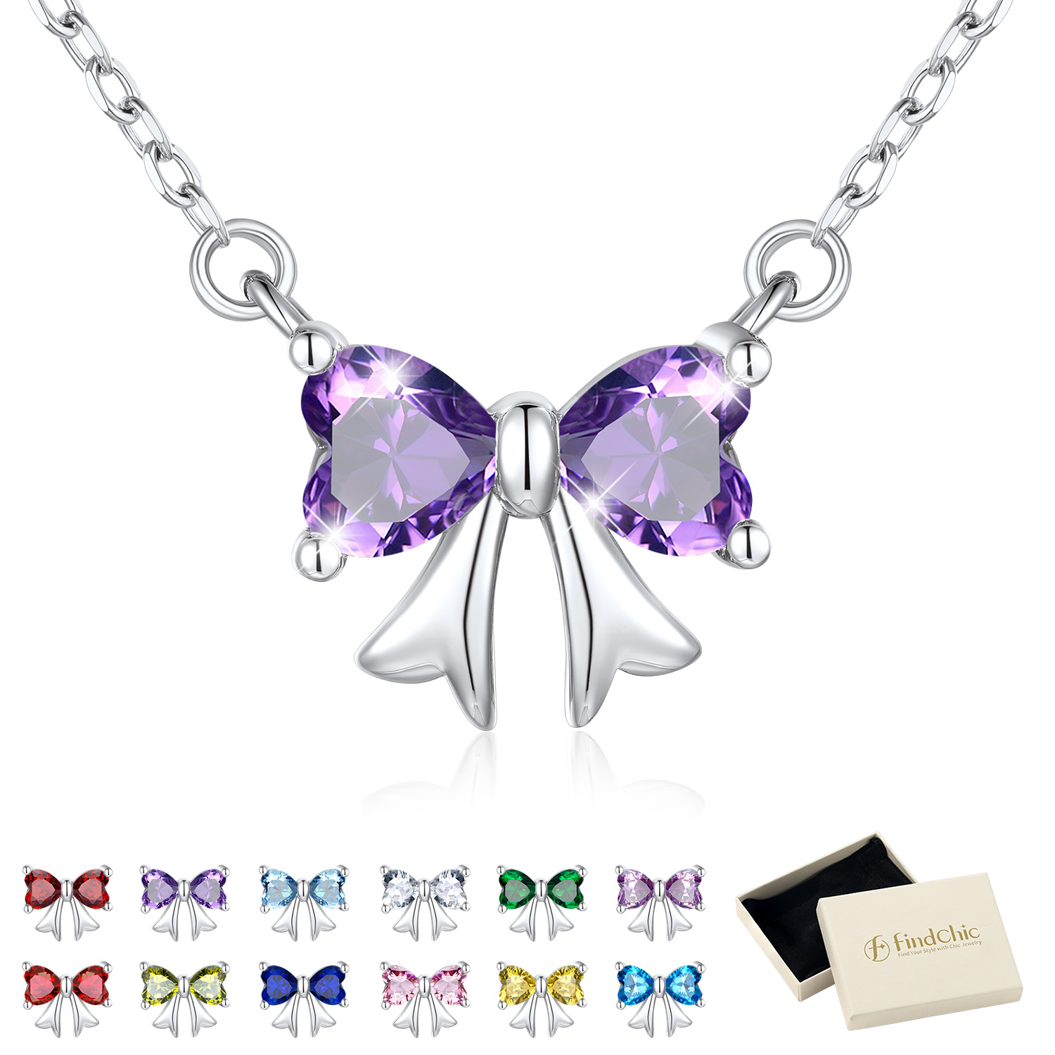 FindChic Bow Necklace for Women, Birthstone Necklaces Bow Heart Cubic Zirconia Pendant Jewelry Gifts for Anniversary Birthday