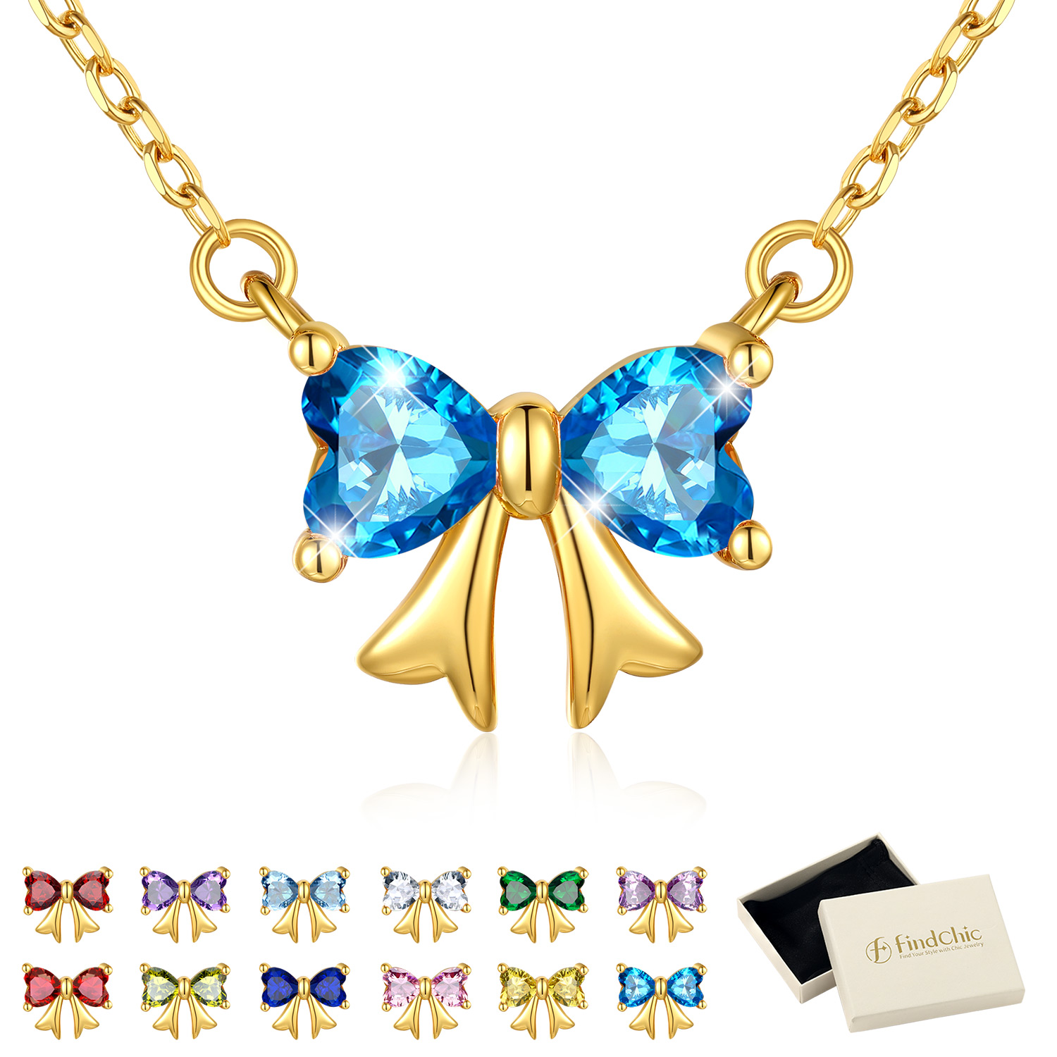 FindChic Bow Necklace for Women, Birthstone Necklaces Bow Heart Cubic Zirconia Pendant Jewelry Gifts for Anniversary Birthday