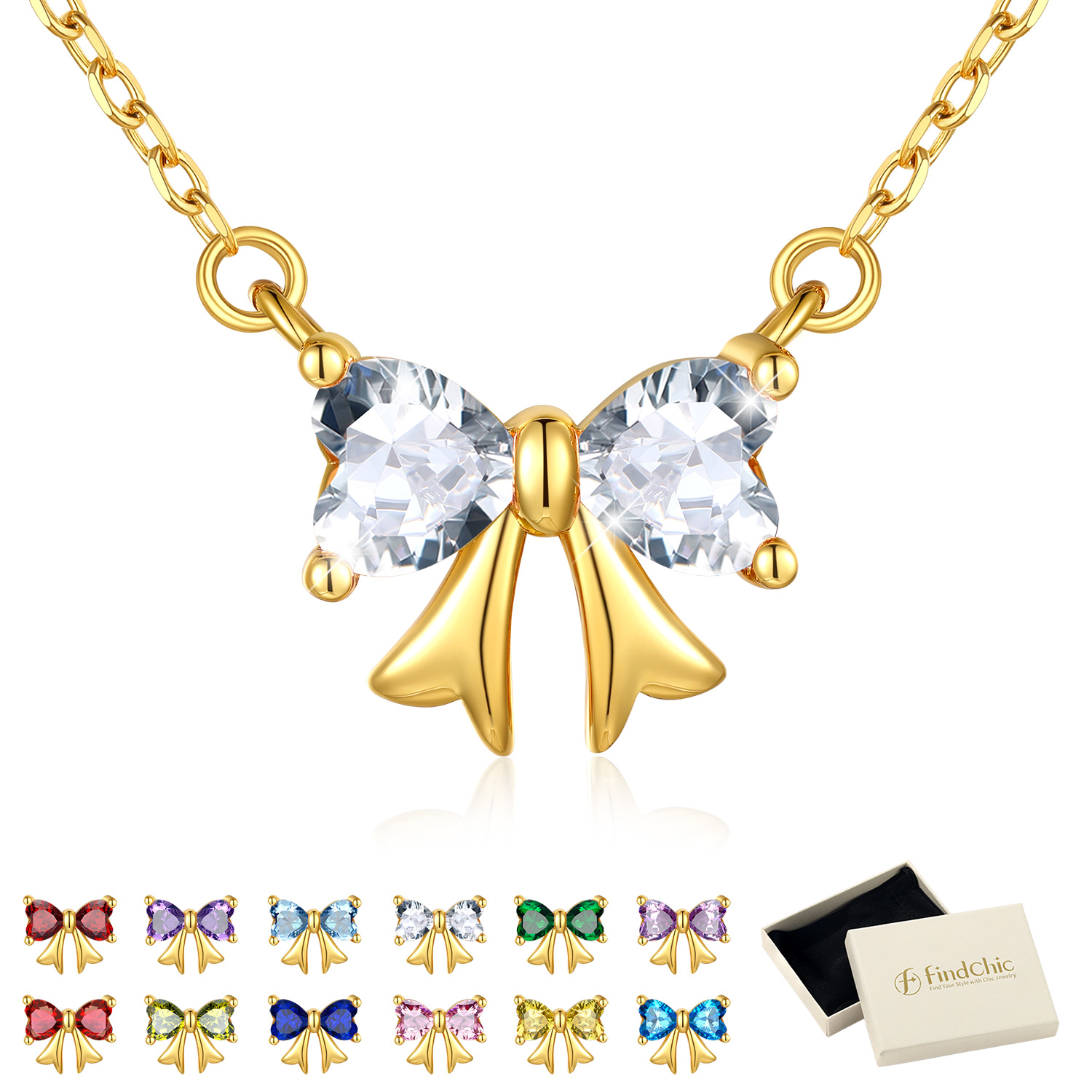FindChic Bow Necklace for Women, Birthstone Necklaces Bow Heart Cubic Zirconia Pendant Jewelry Gifts for Anniversary Birthday