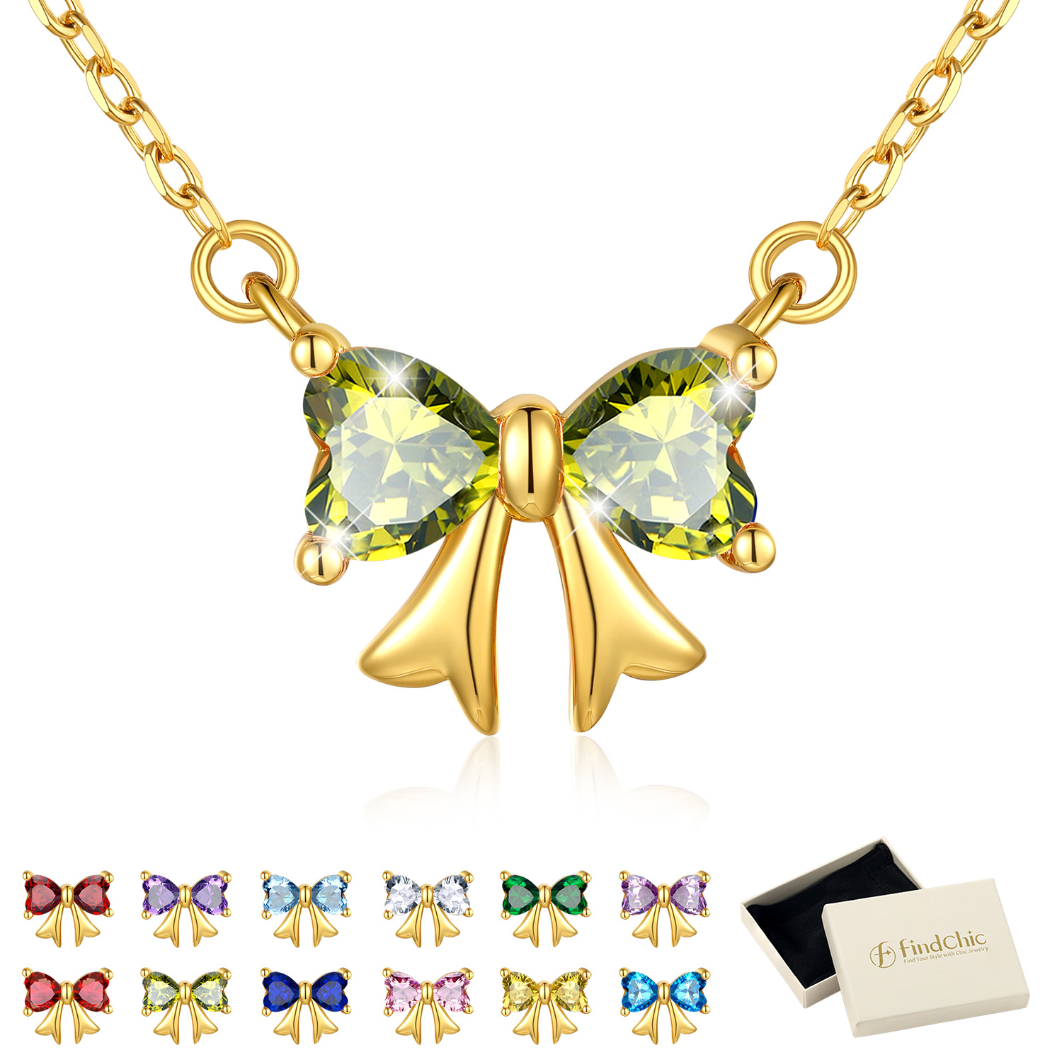 FindChic Bow Necklace for Women, Birthstone Necklaces Bow Heart Cubic Zirconia Pendant Jewelry Gifts for Anniversary Birthday