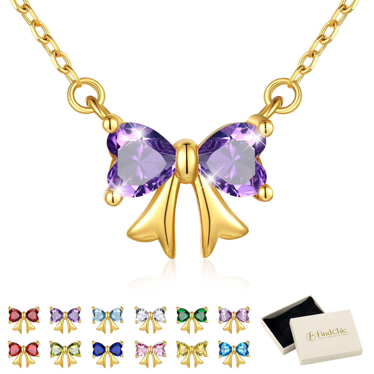 FindChic Bow Necklace for Women, Birthstone Necklaces Bow Heart Cubic Zirconia Pendant Jewelry Gifts for Anniversary Birthday