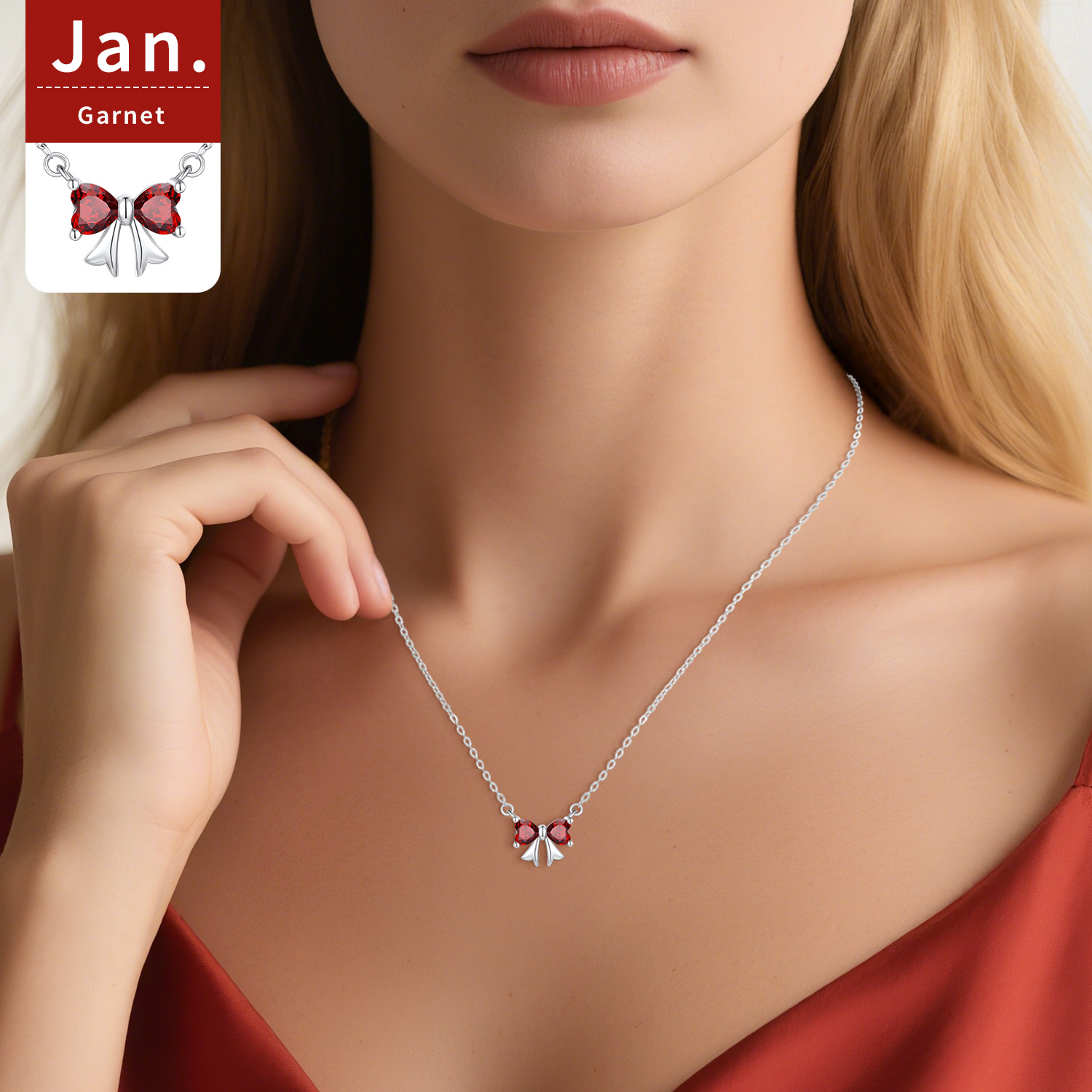 FindChic Bow Necklace for Women, Birthstone Necklaces Bow Heart Cubic Zirconia Pendant Jewelry Gifts for Anniversary Birthday