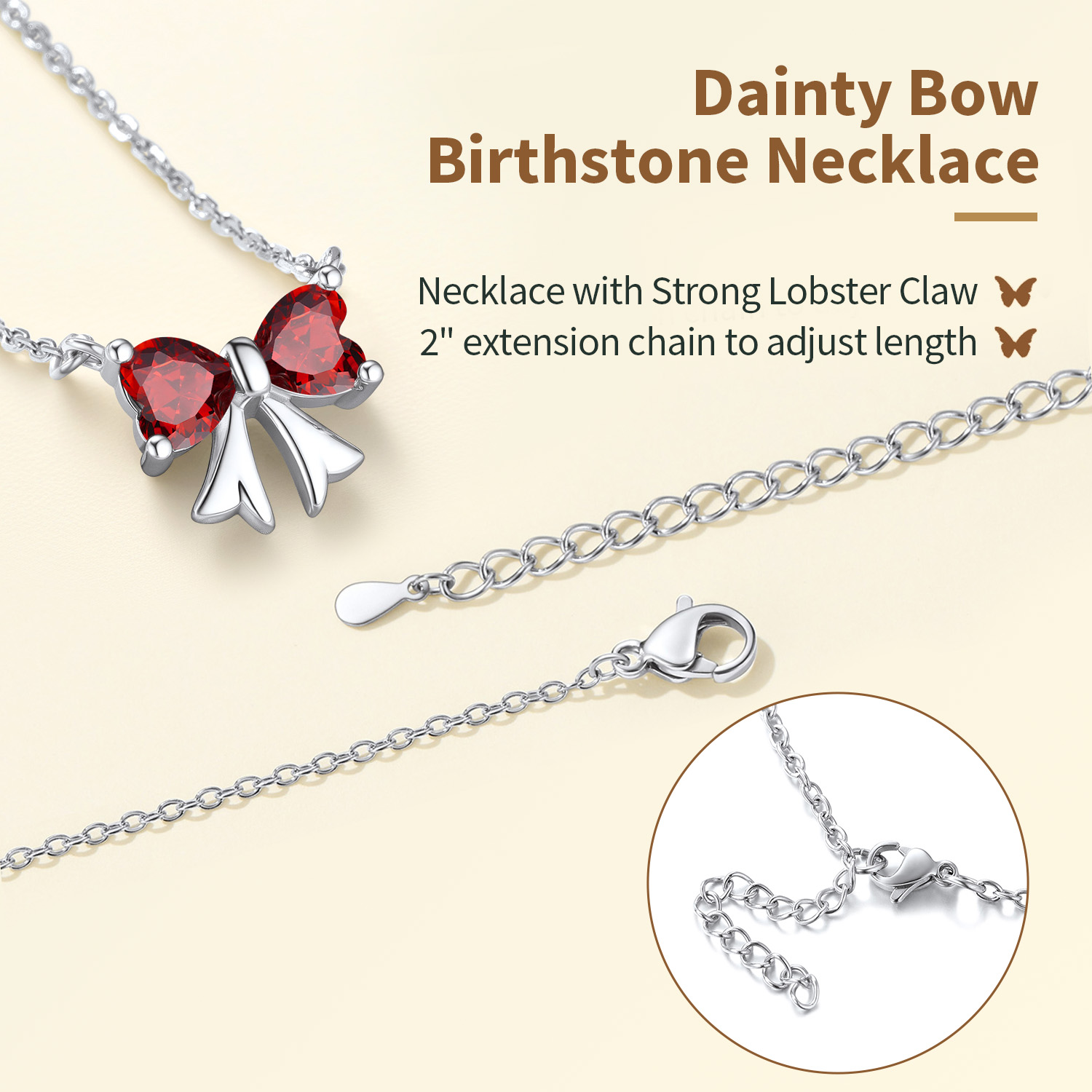 FindChic Bow Necklace for Women, Birthstone Necklaces Bow Heart Cubic Zirconia Pendant Jewelry Gifts for Anniversary Birthday