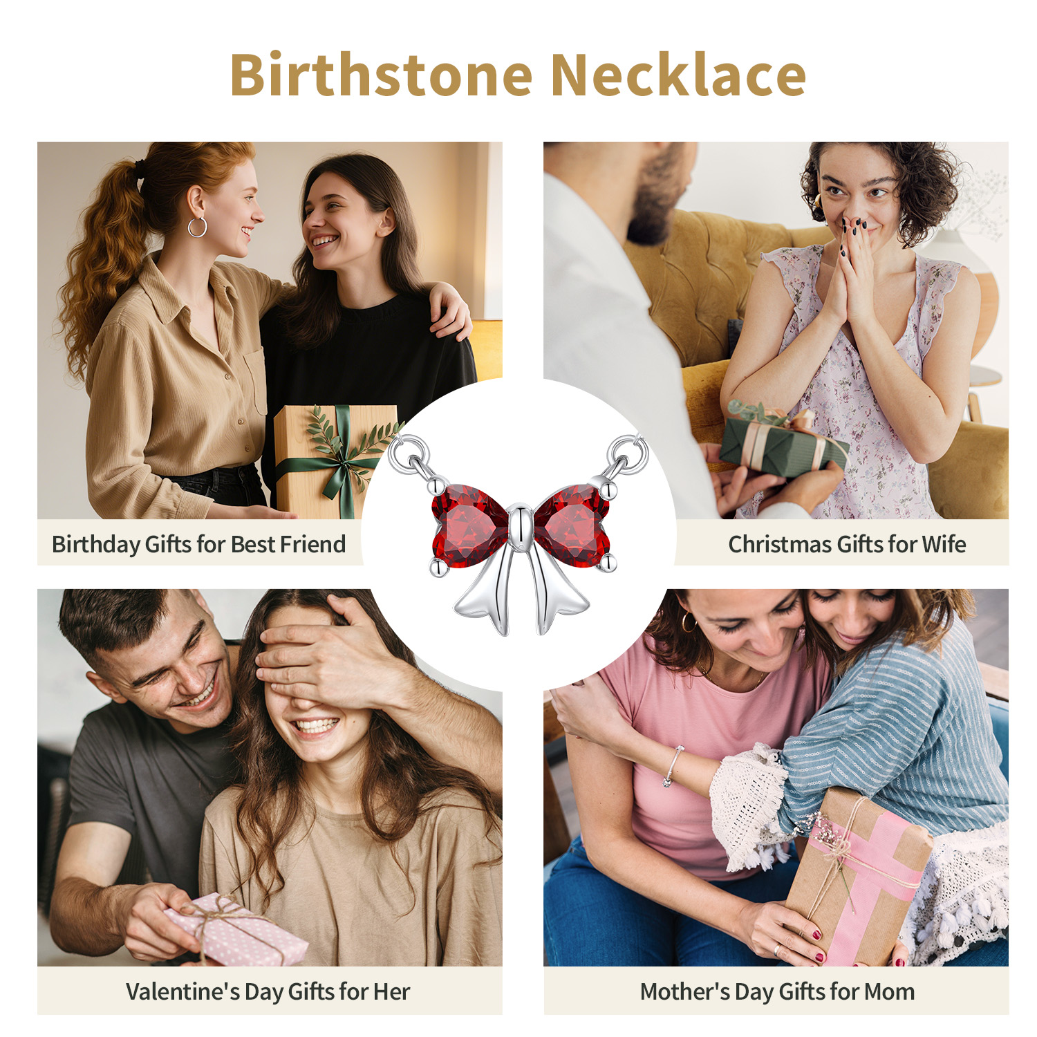 FindChic Bow Necklace for Women, Birthstone Necklaces Bow Heart Cubic Zirconia Pendant Jewelry Gifts for Anniversary Birthday