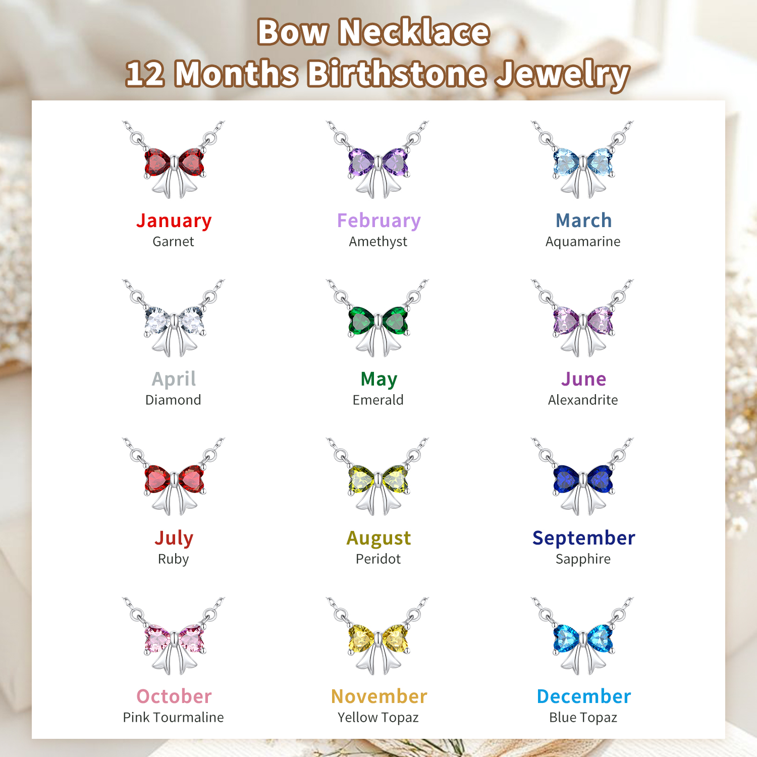 FindChic Bow Necklace for Women, Birthstone Necklaces Bow Heart Cubic Zirconia Pendant Jewelry Gifts for Anniversary Birthday